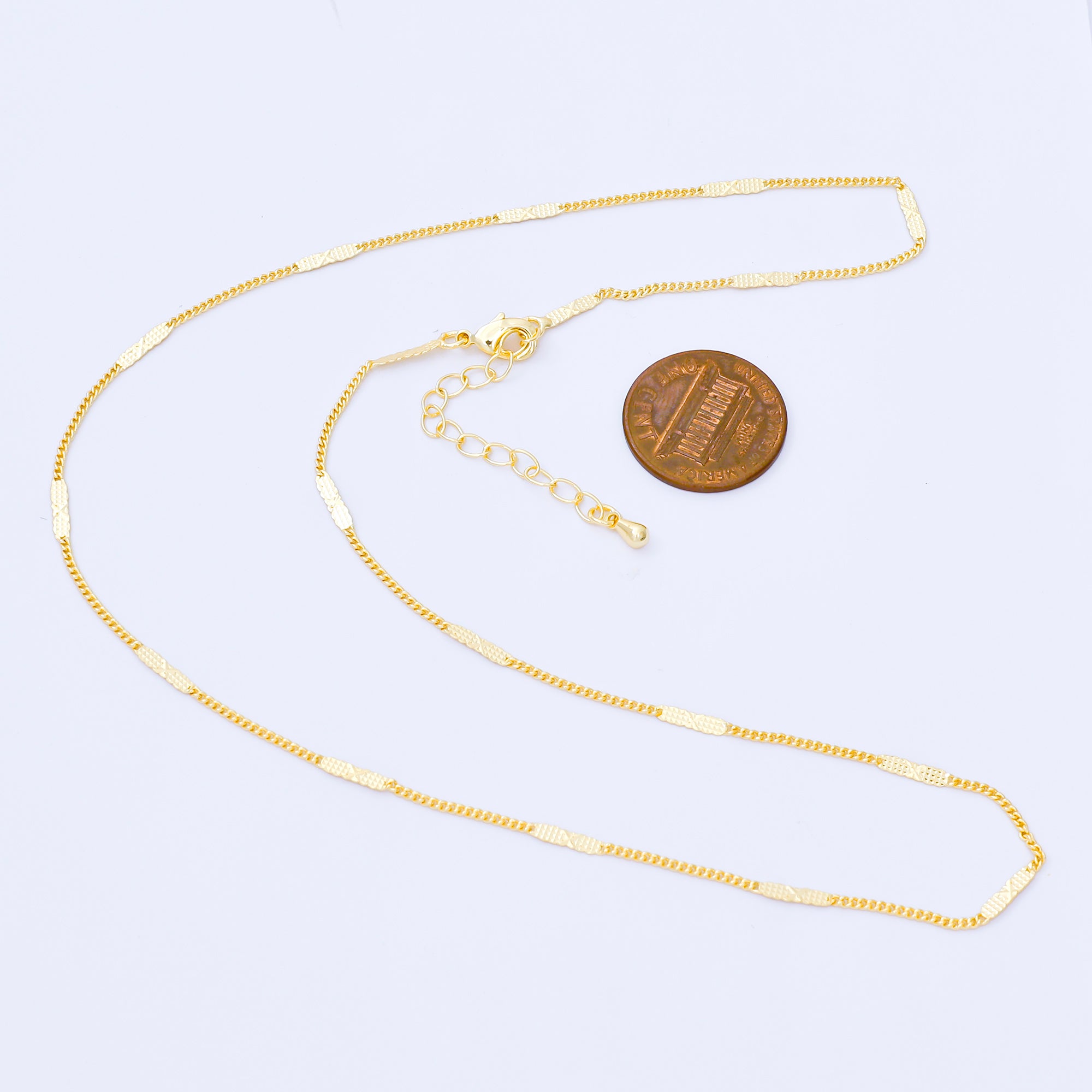 24K Gold Filled 2.1mm Metro Textured Bar Curb Chain 17 Inch Necklace with Extender | WA-3407