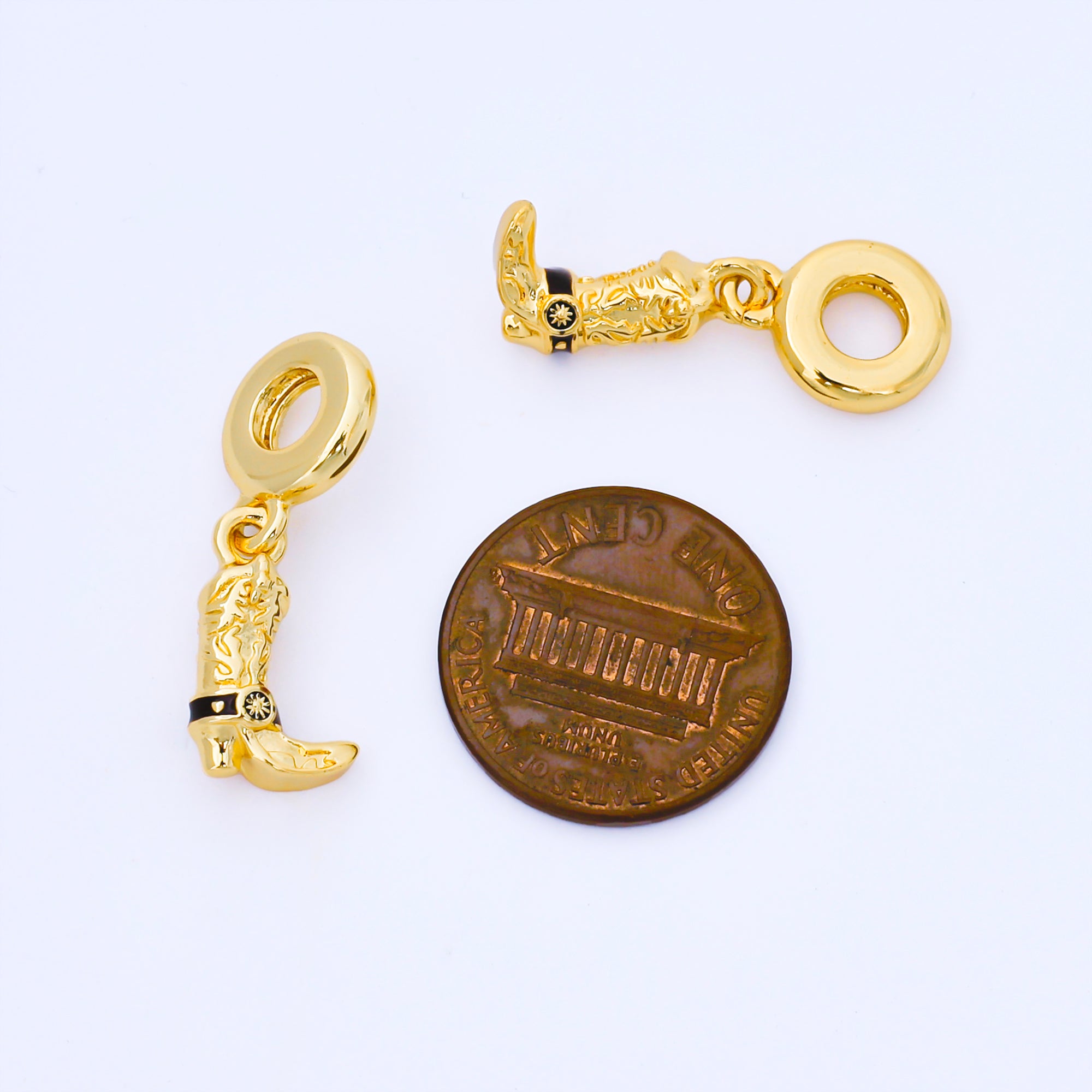 24K Gold Filled 15mm Black Cowboy Boots Rondelle Drop Pendant | AF1570