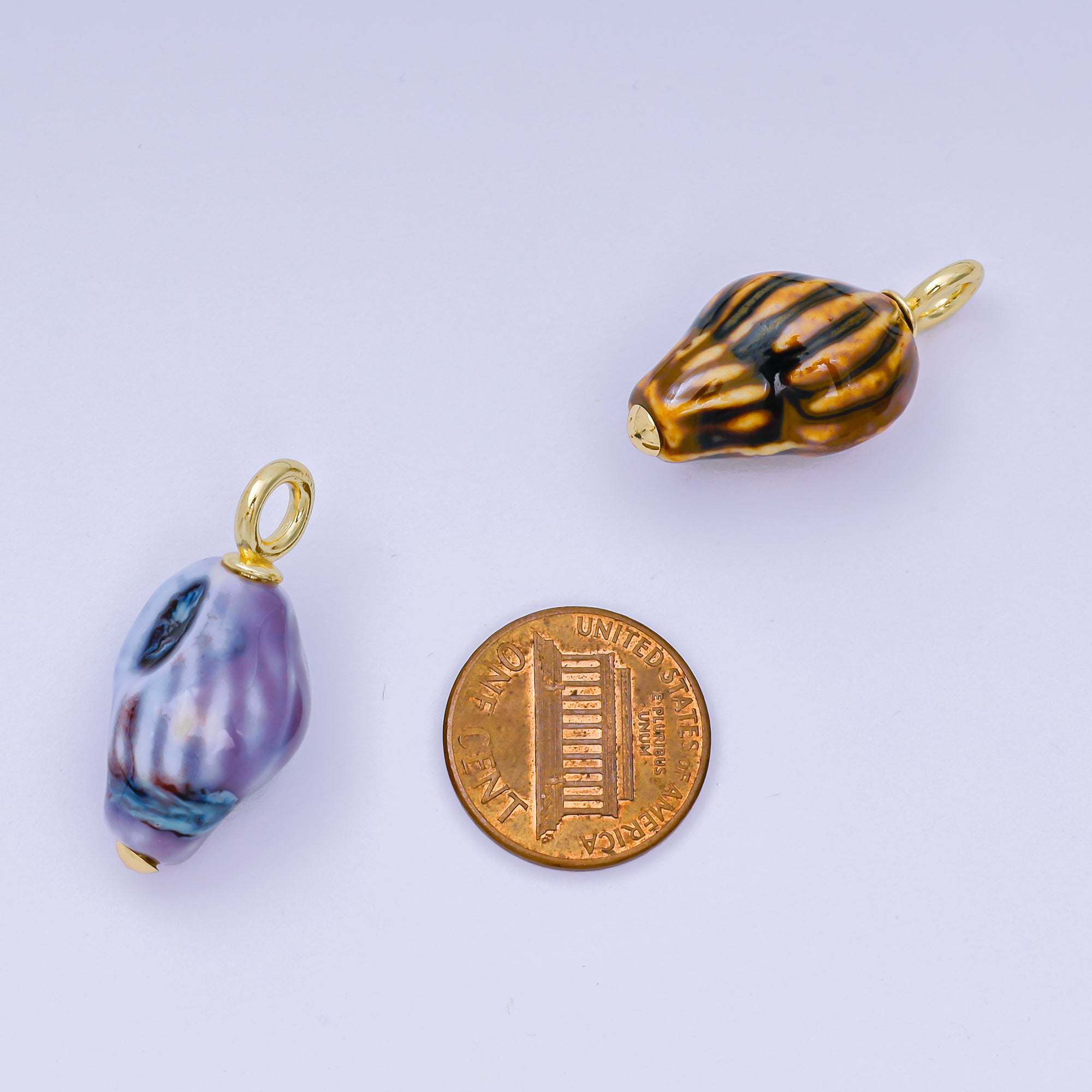 24K Gold Filled 30mm Brown, Purple, Dark Brown Ceramics Nautical Conch Shell Charm | AF1268 AF1269