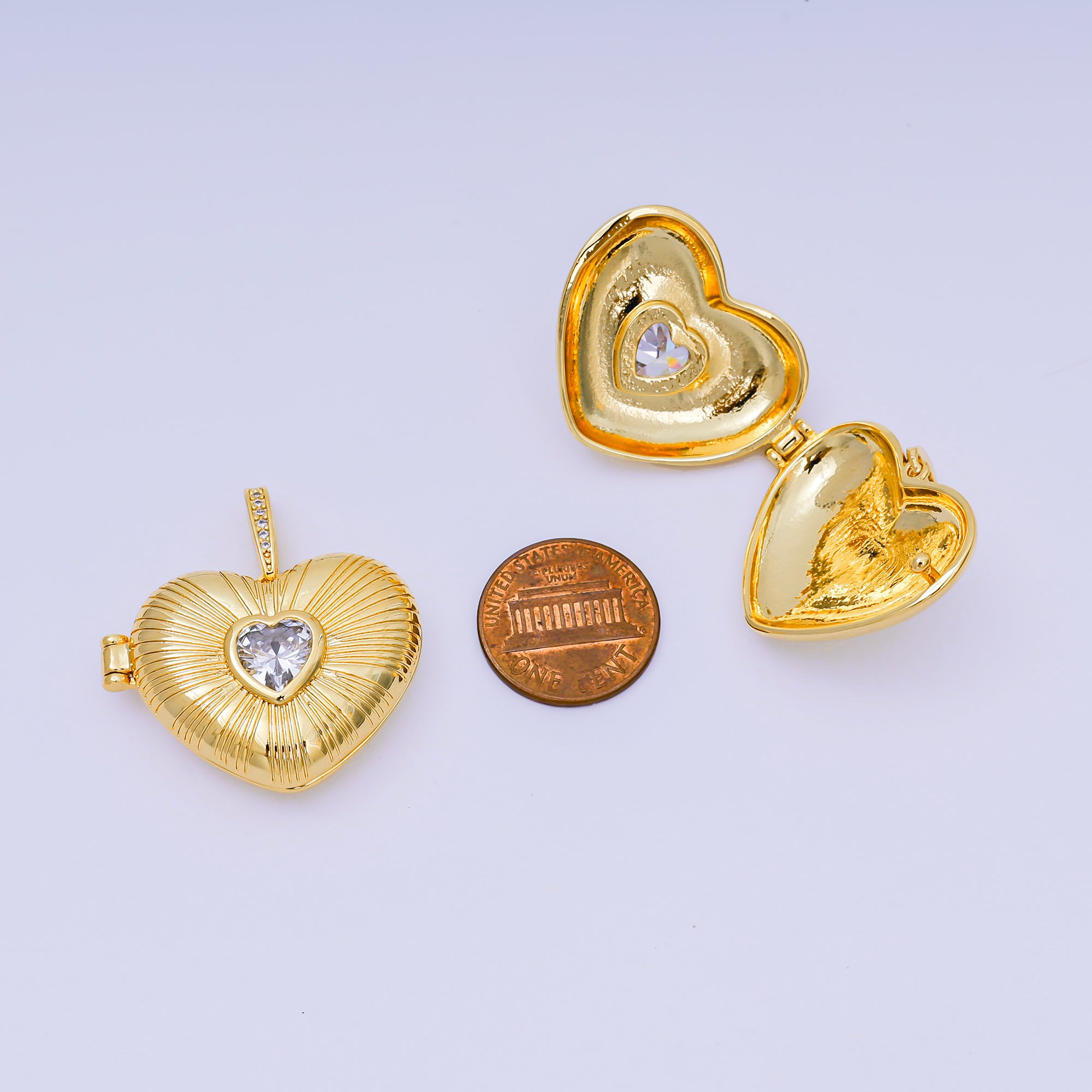 24K Gold Filled 25mm Heart CZ Sunburst Photo Locket Love Pendant | AA-1509