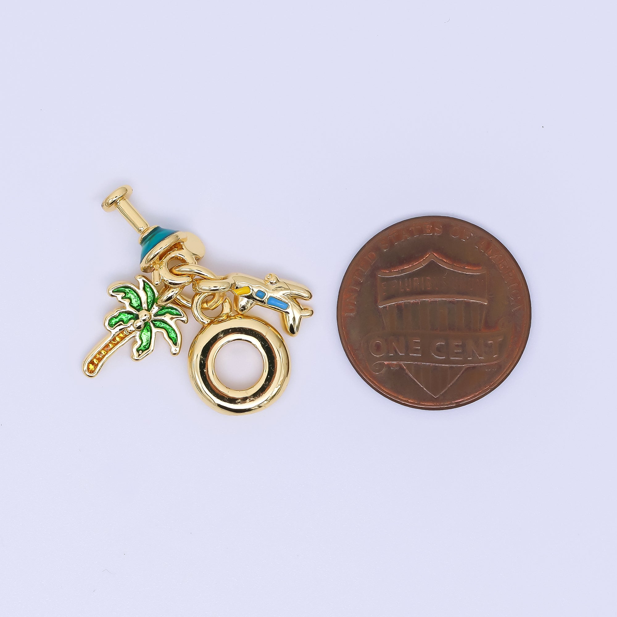 24K Gold Filled 13mm Palm Tree, Cocktails, & Airplane Jet Vacation Travel Set Rondelle Drop Charm | AC1650