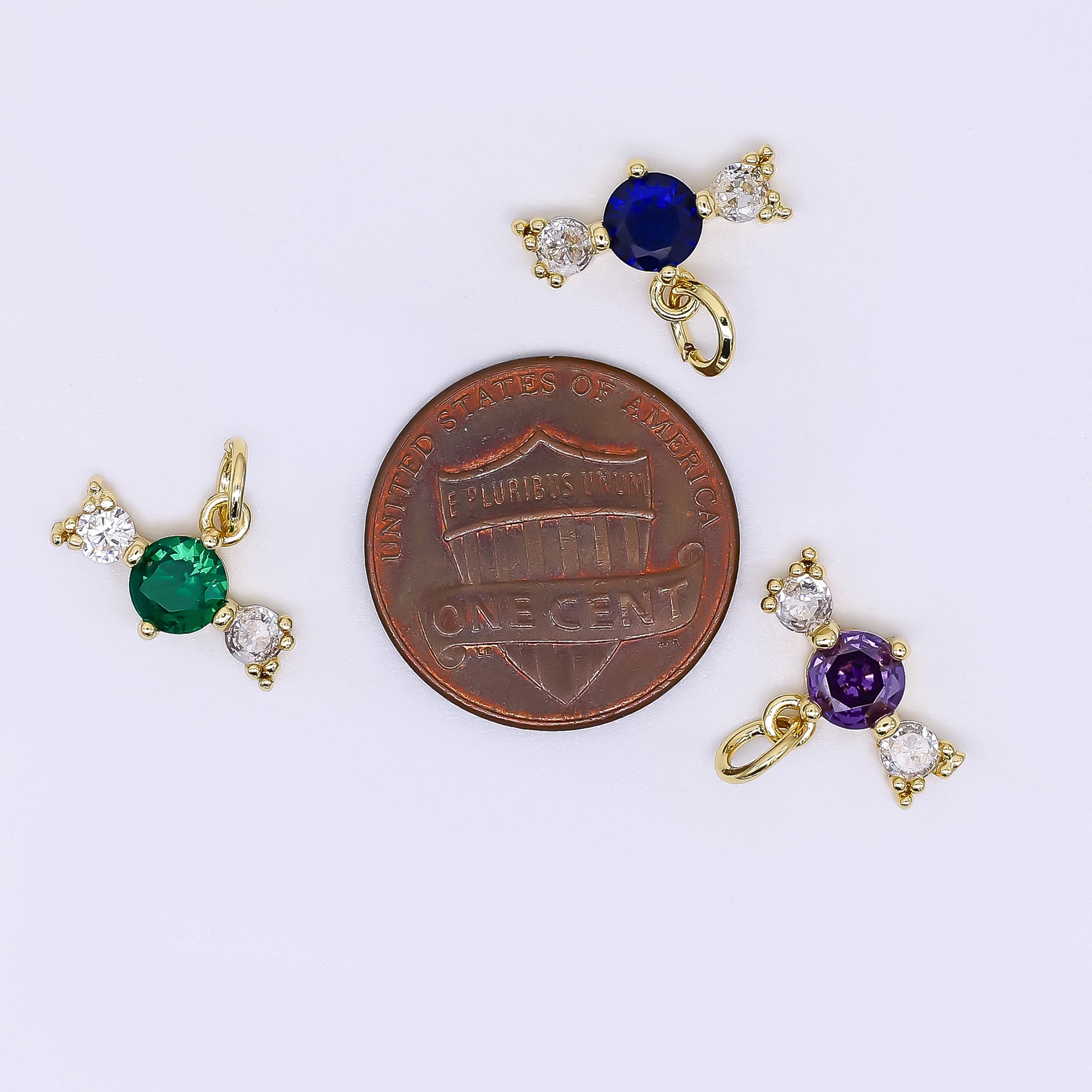 24K Gold Filled 9mm Royal Blue, Green, & Purple Round Clear Candy Bar CZ Charm | AJ-502