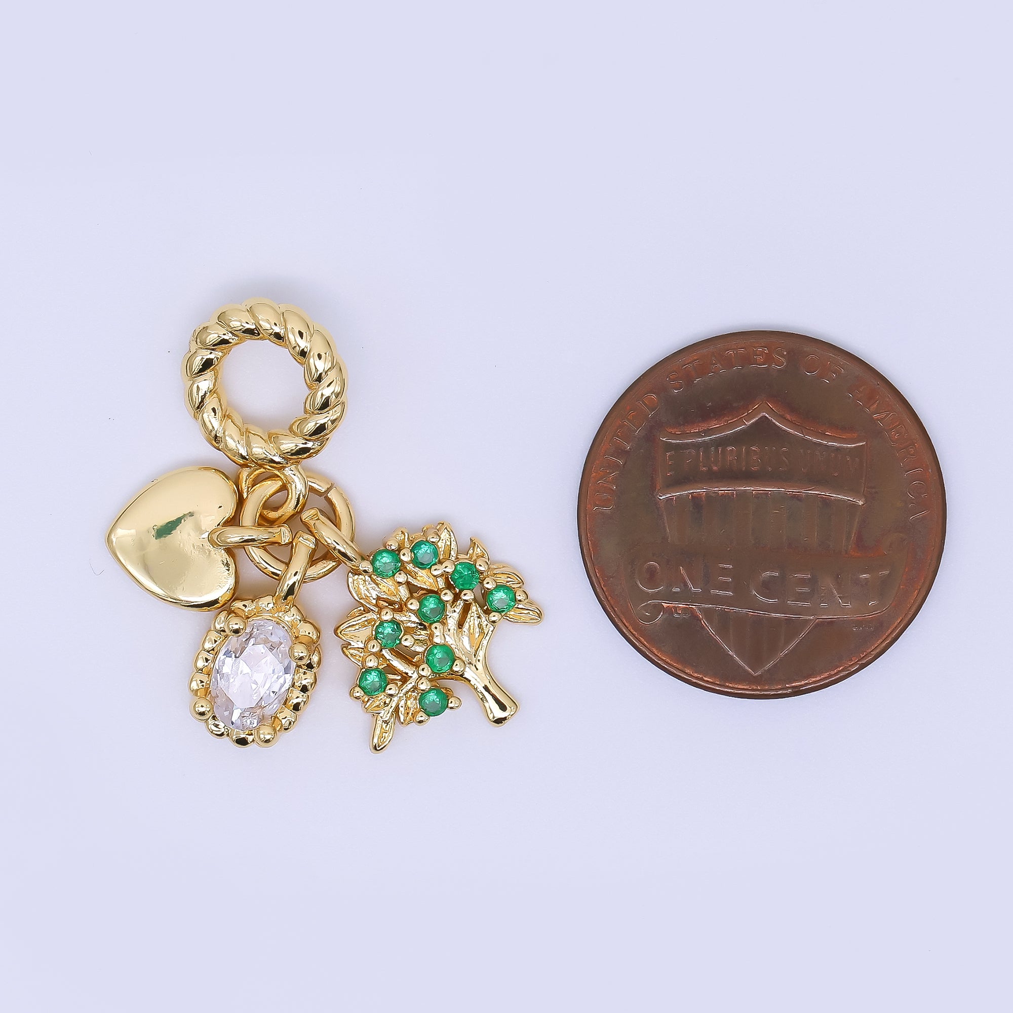 24K Gold Filled 16mm Heart, Clear Oval CZ, & Green Apple Tree Nature Set Rondelle Drop Charm | AC1646