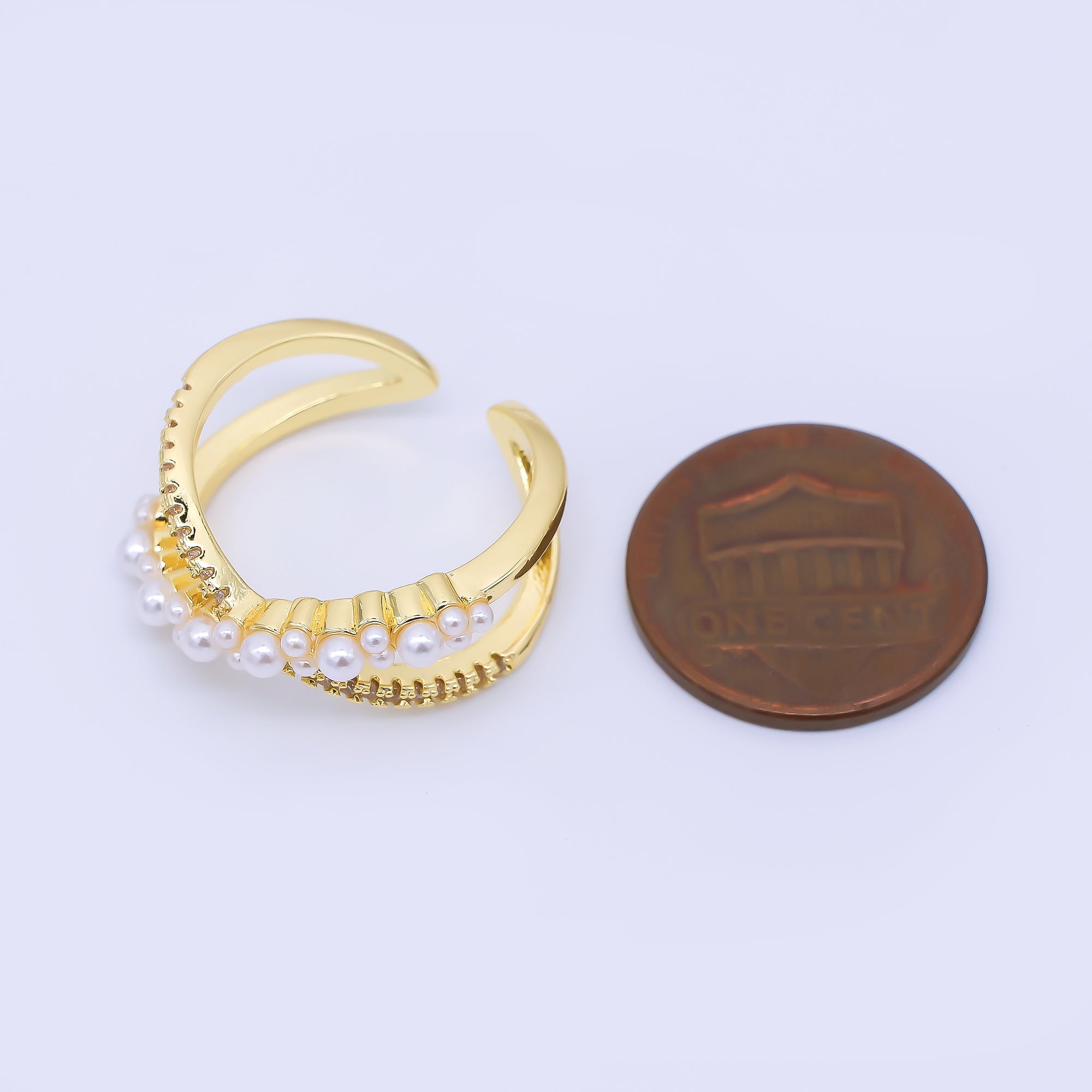 24K Gold Filled Micro Paved CZ Shell Pearl Twin Themed Gradient Adjustable Ring | O1164