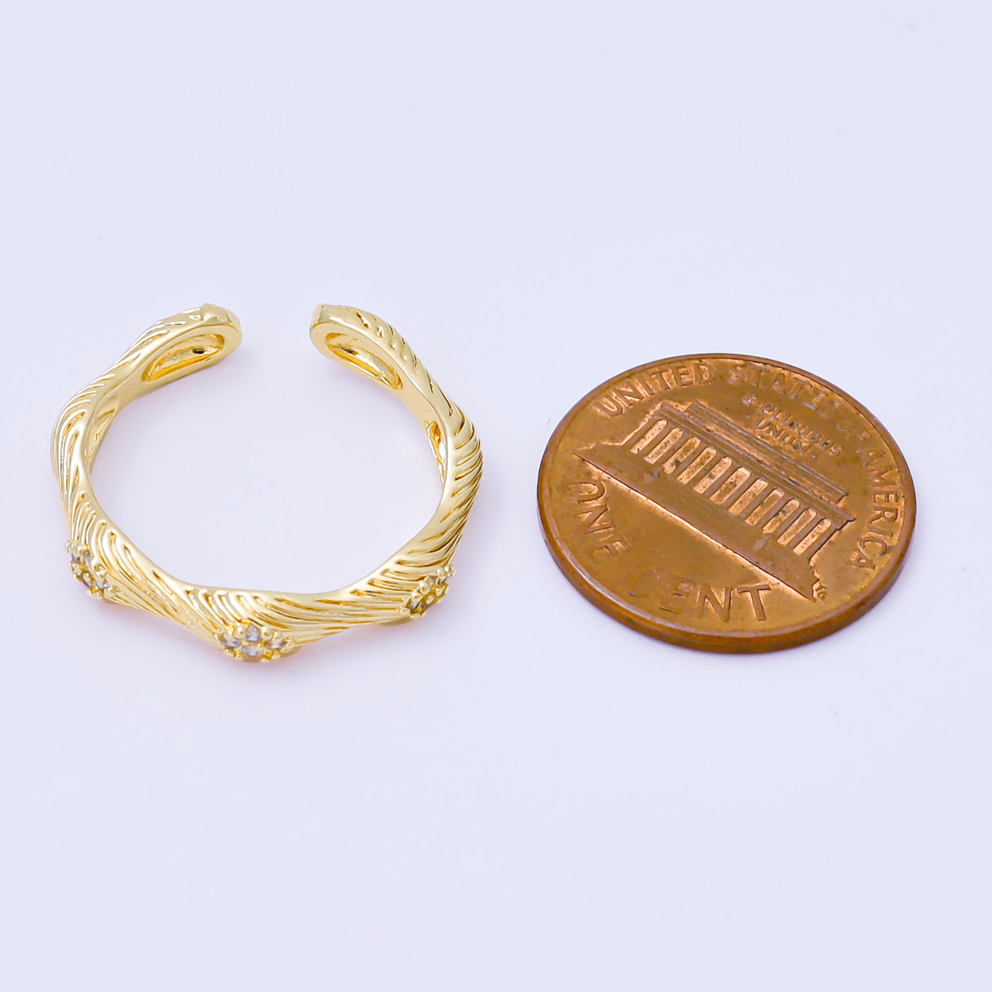 24K Gold Filled Micro Paved Twisted Line-Textured Ribbed Ring | O158