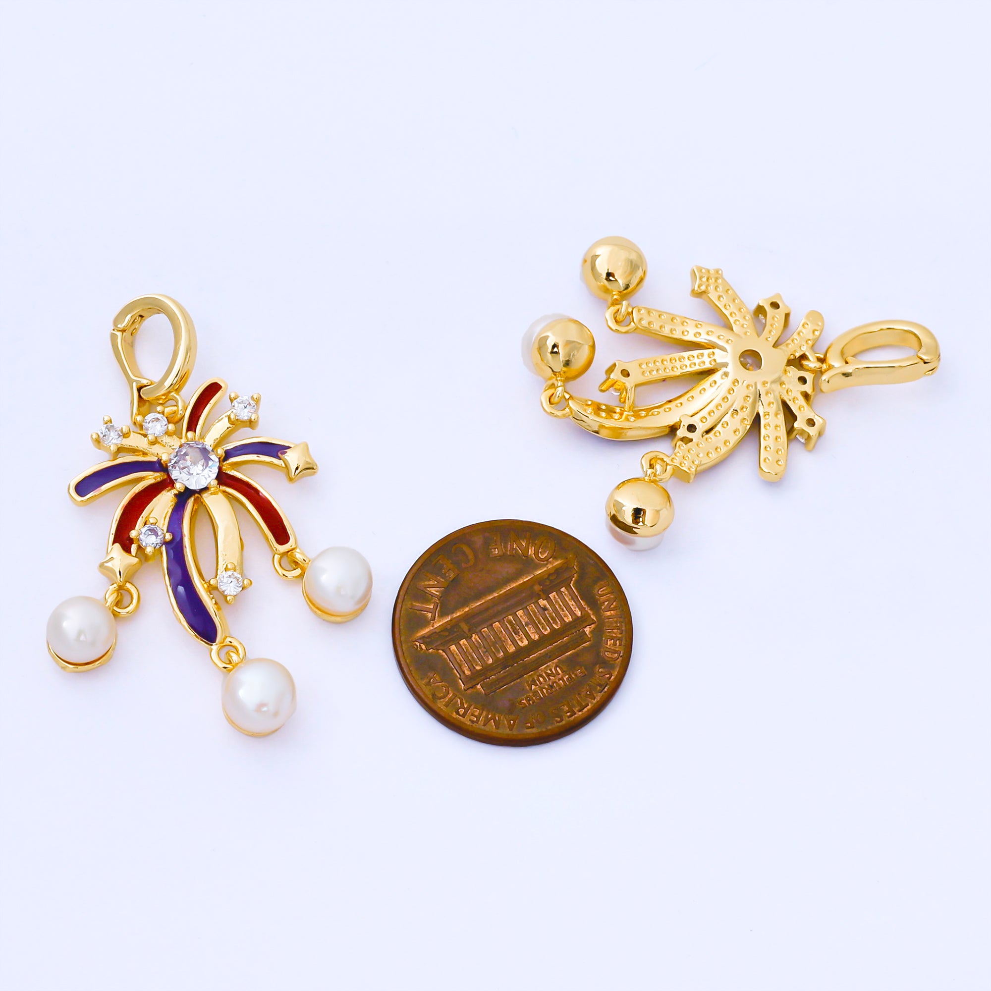24K Gold Filled 23.5mm CZ Shell Pearl Multicolor Enamel Fireworks Charm | AA1656