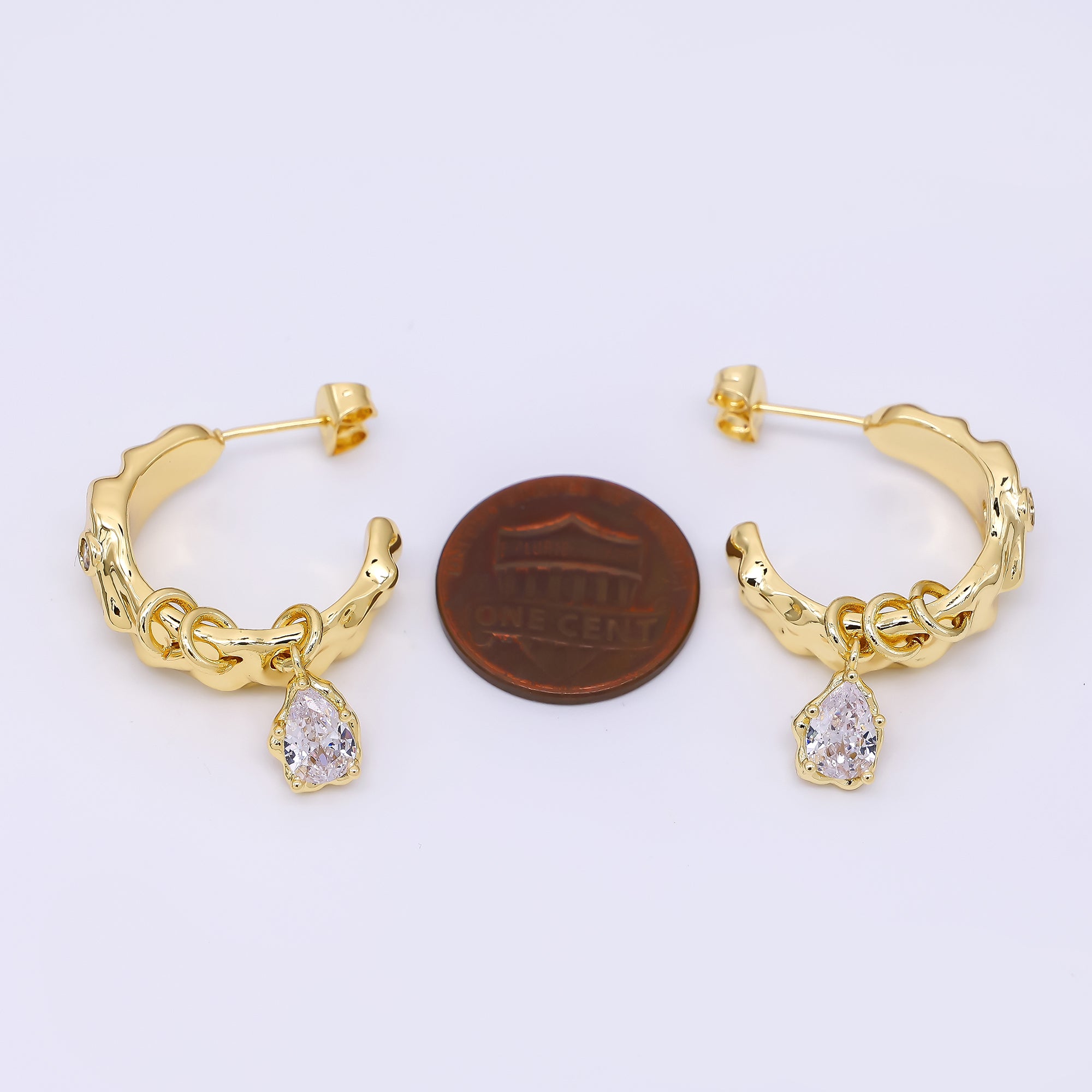 24K Gold Filled Teardrop CZ Triple Loop C-Shaped Hoops Earrings | AJ-075