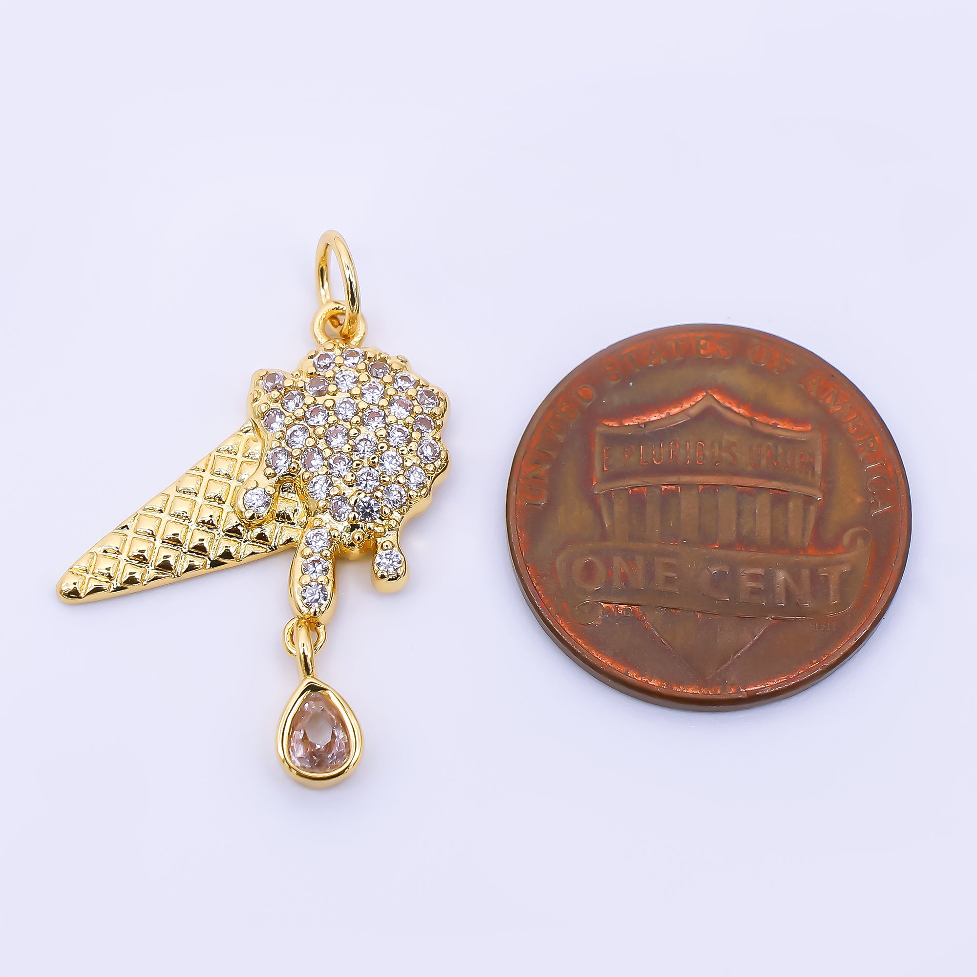 24K Gold Filled 13mm Micro Paved & Brown Teardrop CZ Melting Ice Cream Drop Charm | AF-513