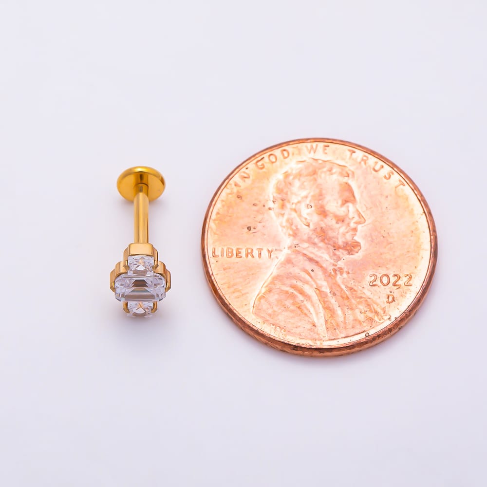 Titanium 7mm Clear CZ Triple Baguette Cartilage Piercing Flat Back Stud in Gold & Silver | BJ-00277 BJ-00278