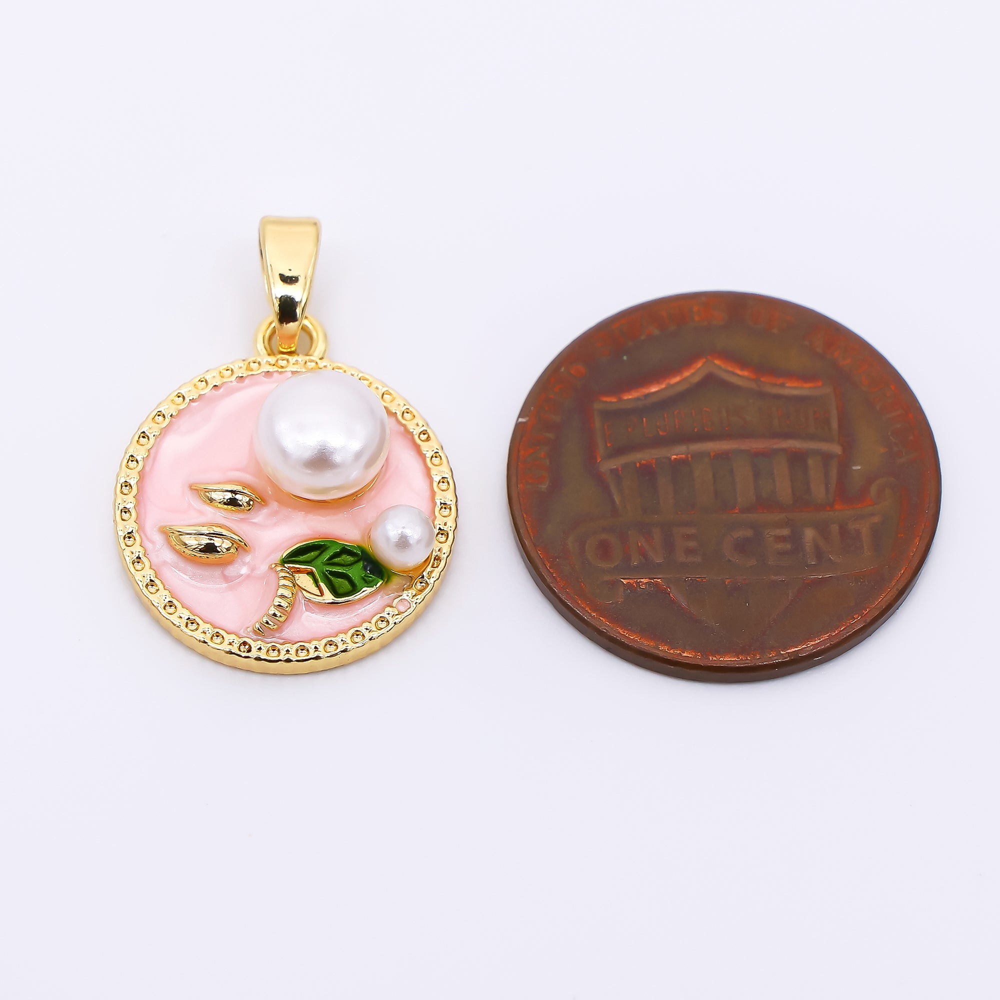 24K Gold Filled 17mm Enamel Art Shell Pearl Pearly Flowers Medallion Pendant in Green, Pink, & Purple | AH-508 AH-509