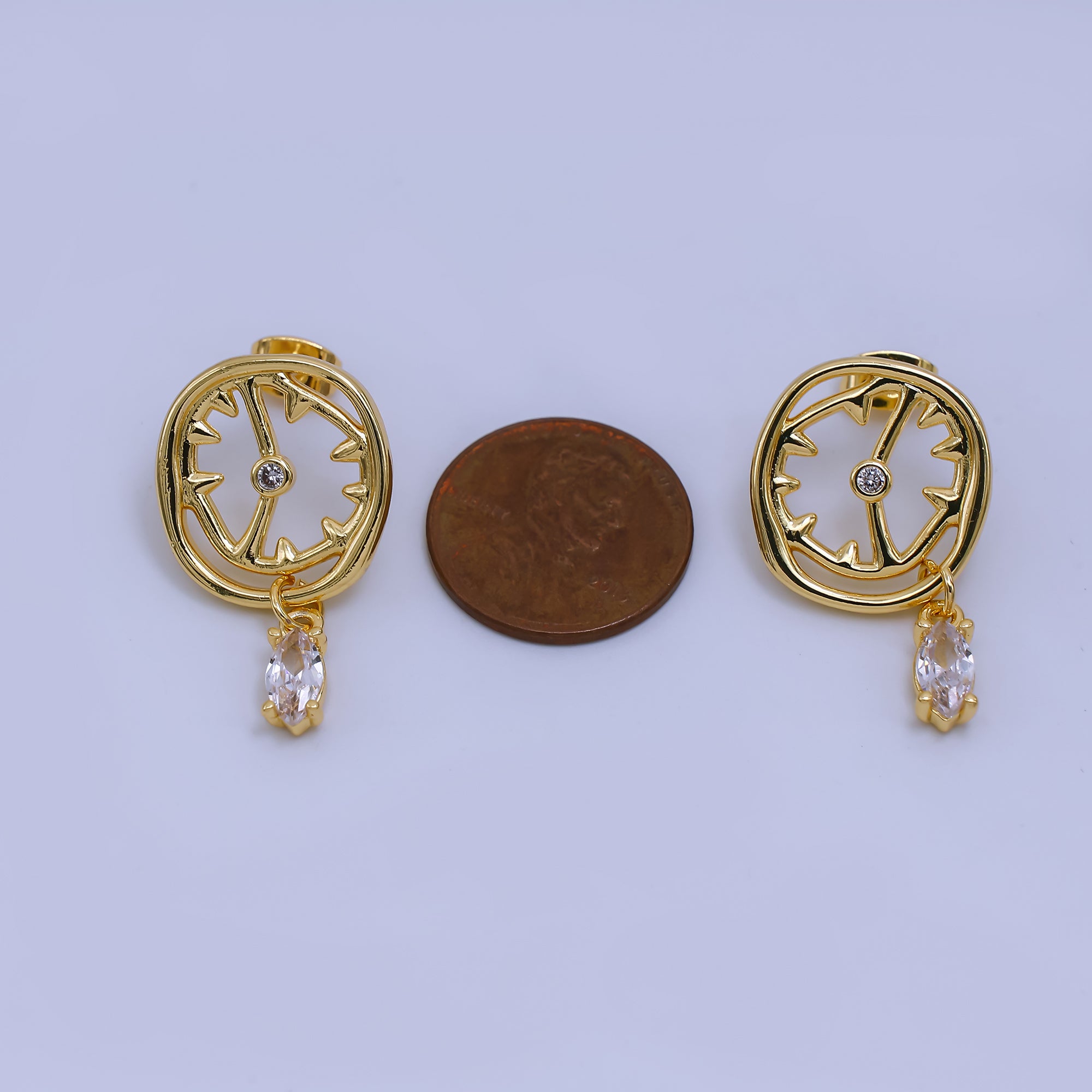 24K Gold Filled Marquise CZ Broken Clock Drop Stud Earrings | AJ-046