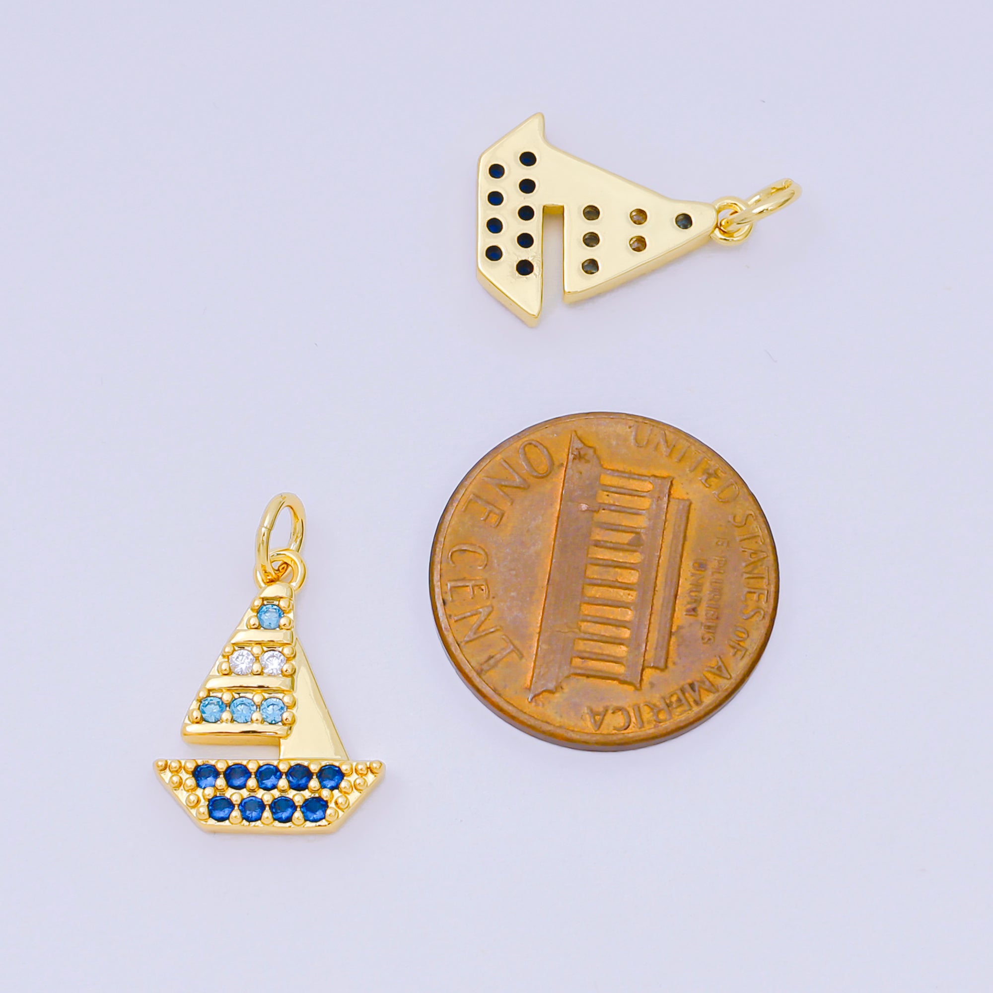 24K Gold Filled 16mm Royal Blue Micro Paved CZ Sailing Ship Charm | D-353