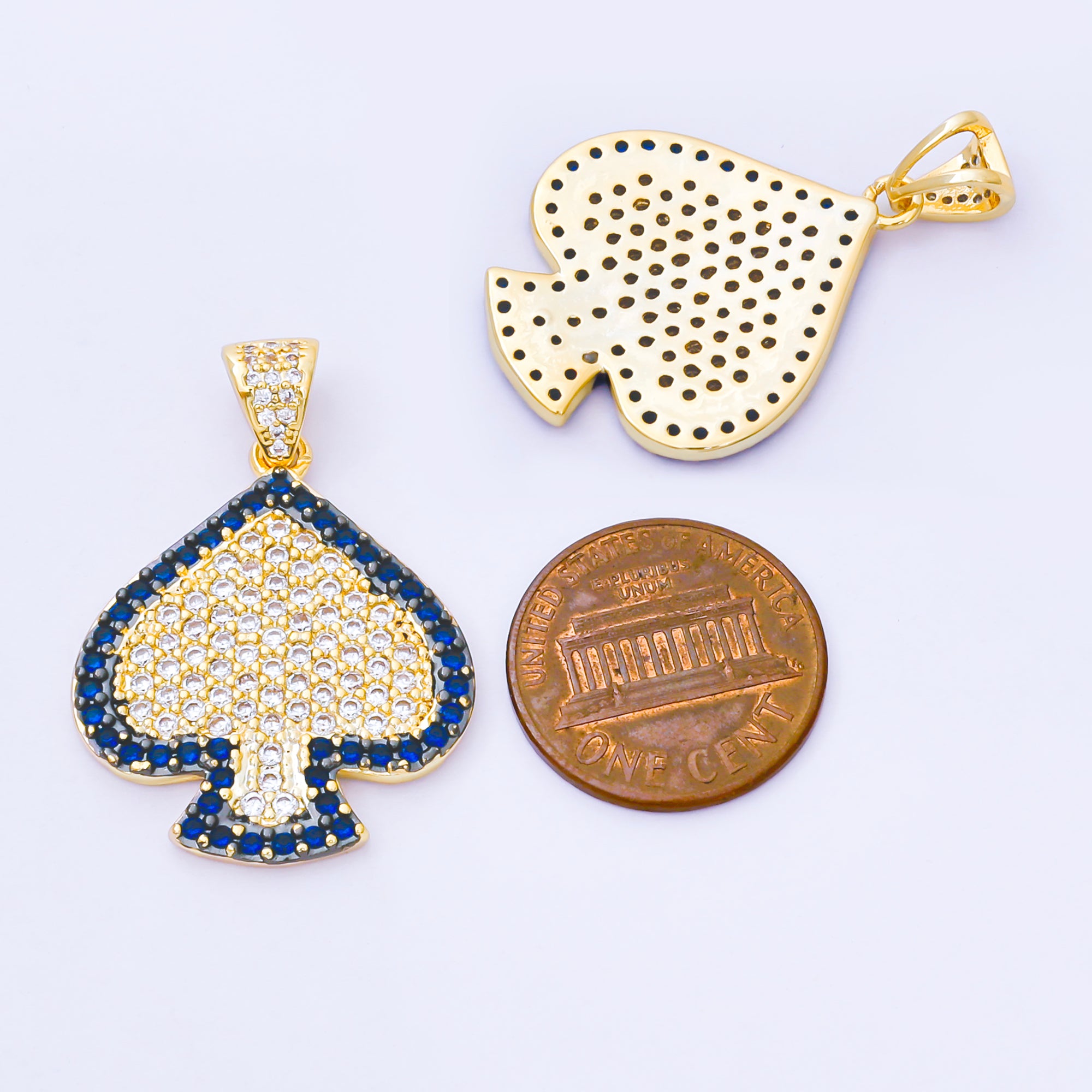 24K Gold Filled 28mm Clear & Blue Micro Paved CZ Solitaire Spade Pendant | AA1619