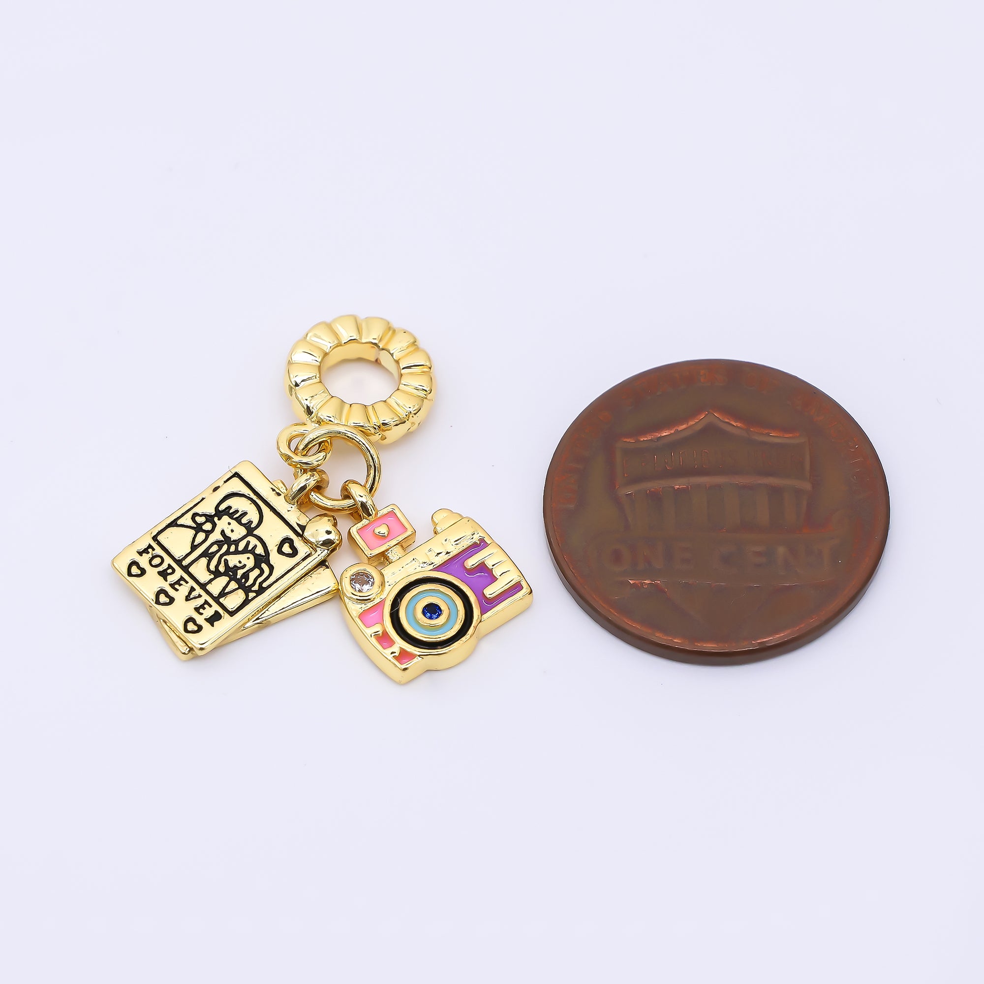 24K Gold Filled Vintage Instant Film Camera Enamel Heart Rondelle Drop Charm | AC1613