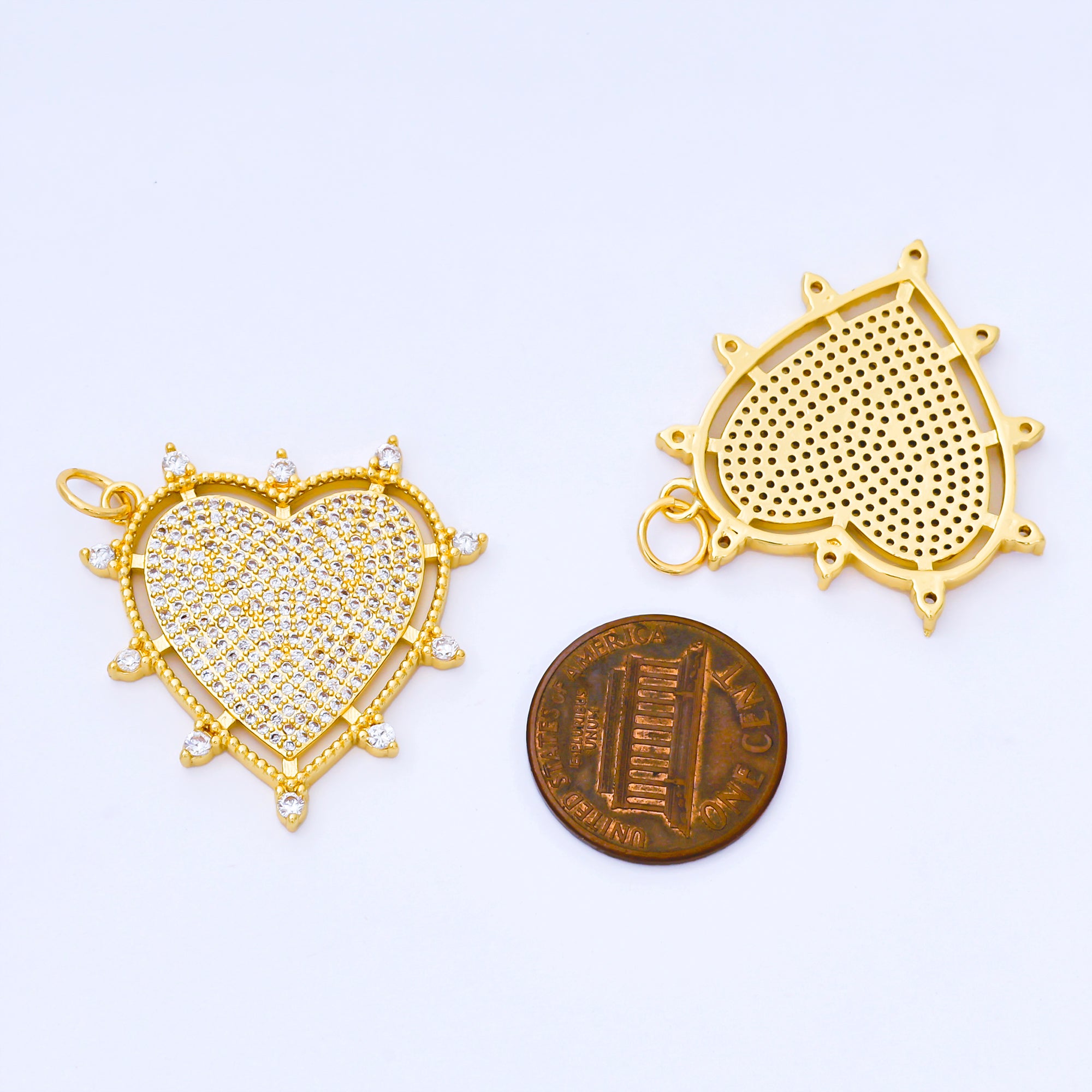 24K Gold Filled 30mm Micro Paved CZ Dotted Outline Heart Charm | AF1553