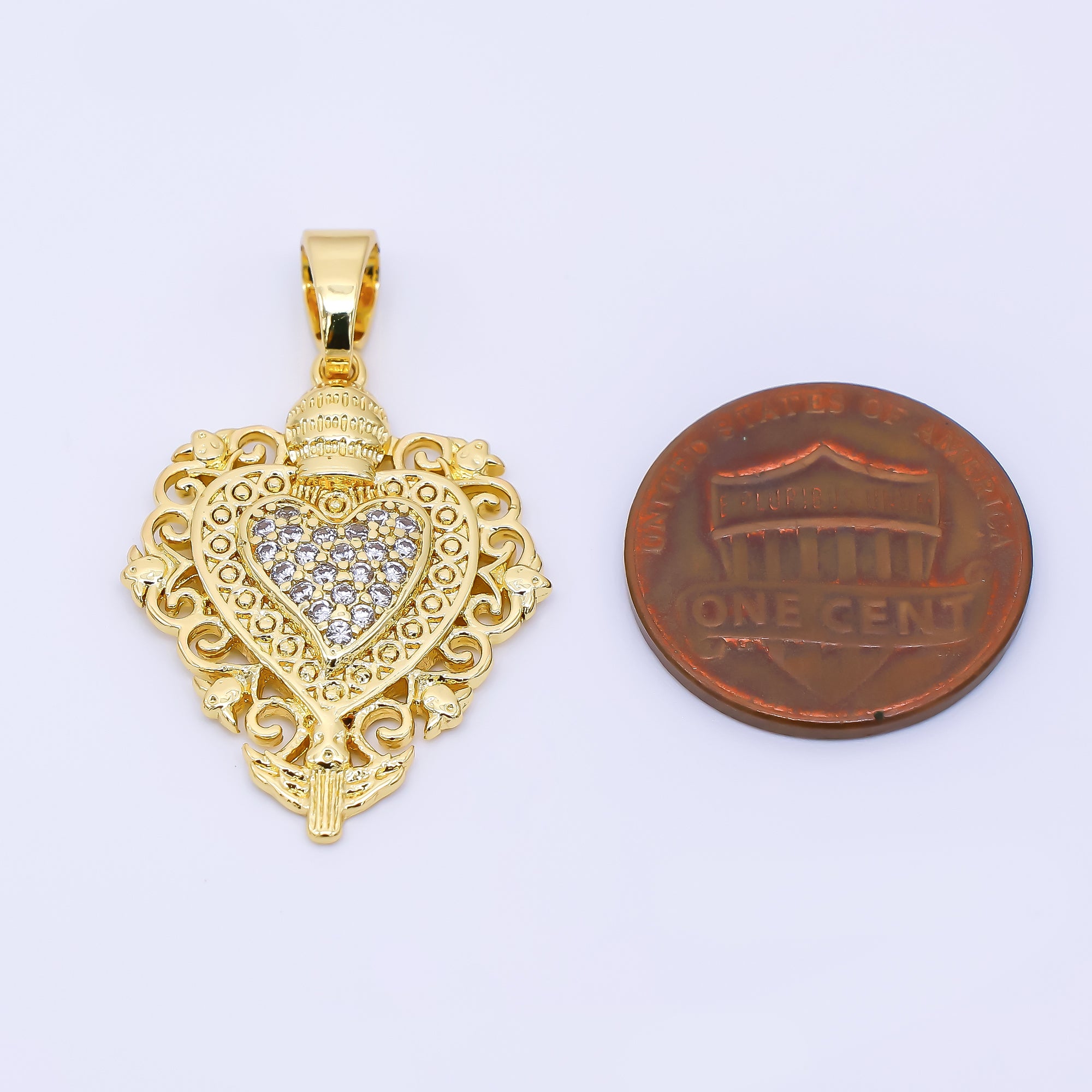 24K Gold Filled 26mm Micro Paved CZ Elegant Royal Heart Pendant | AH-542