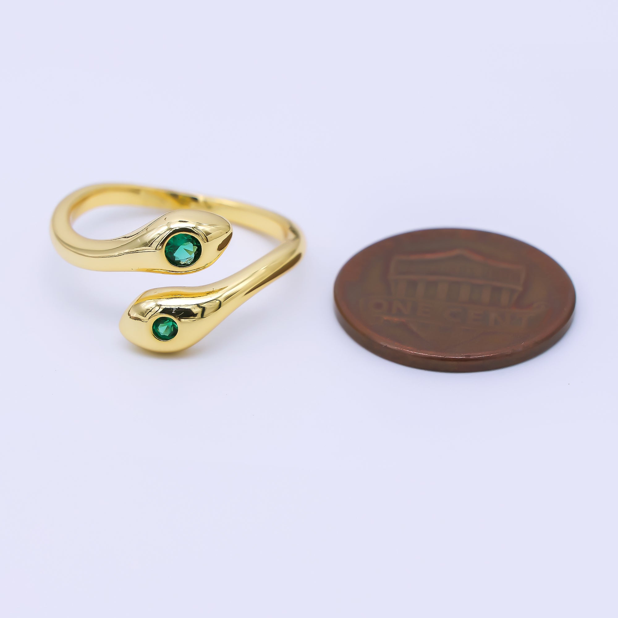 24K Gold Filled Green Round CZ Double Head Snake Adjustable Ring | O1175