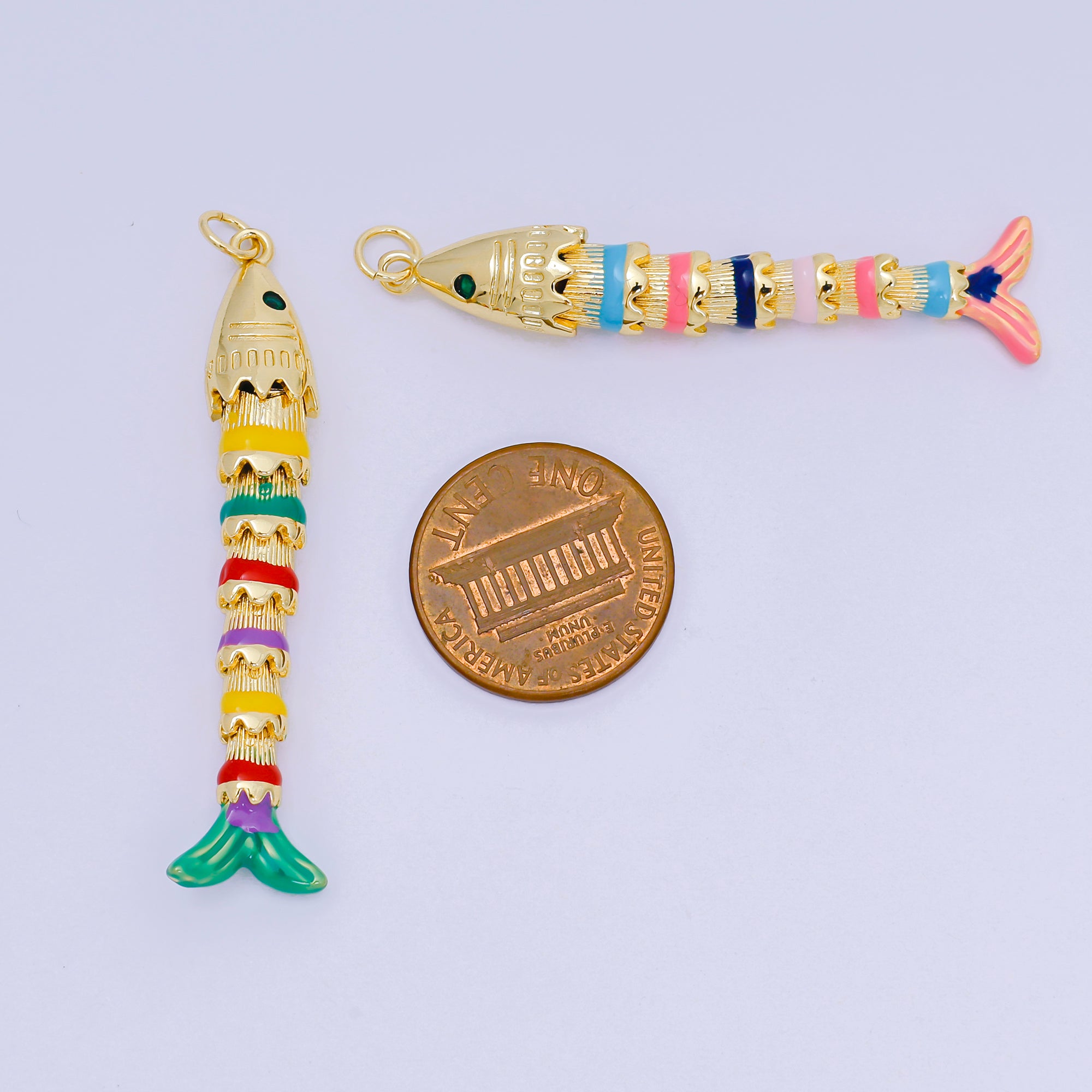 24K Gold Filled 33mm Emerald Green CZ Enamel Art Rainbow Fish Animal Charm | D-080 D-081