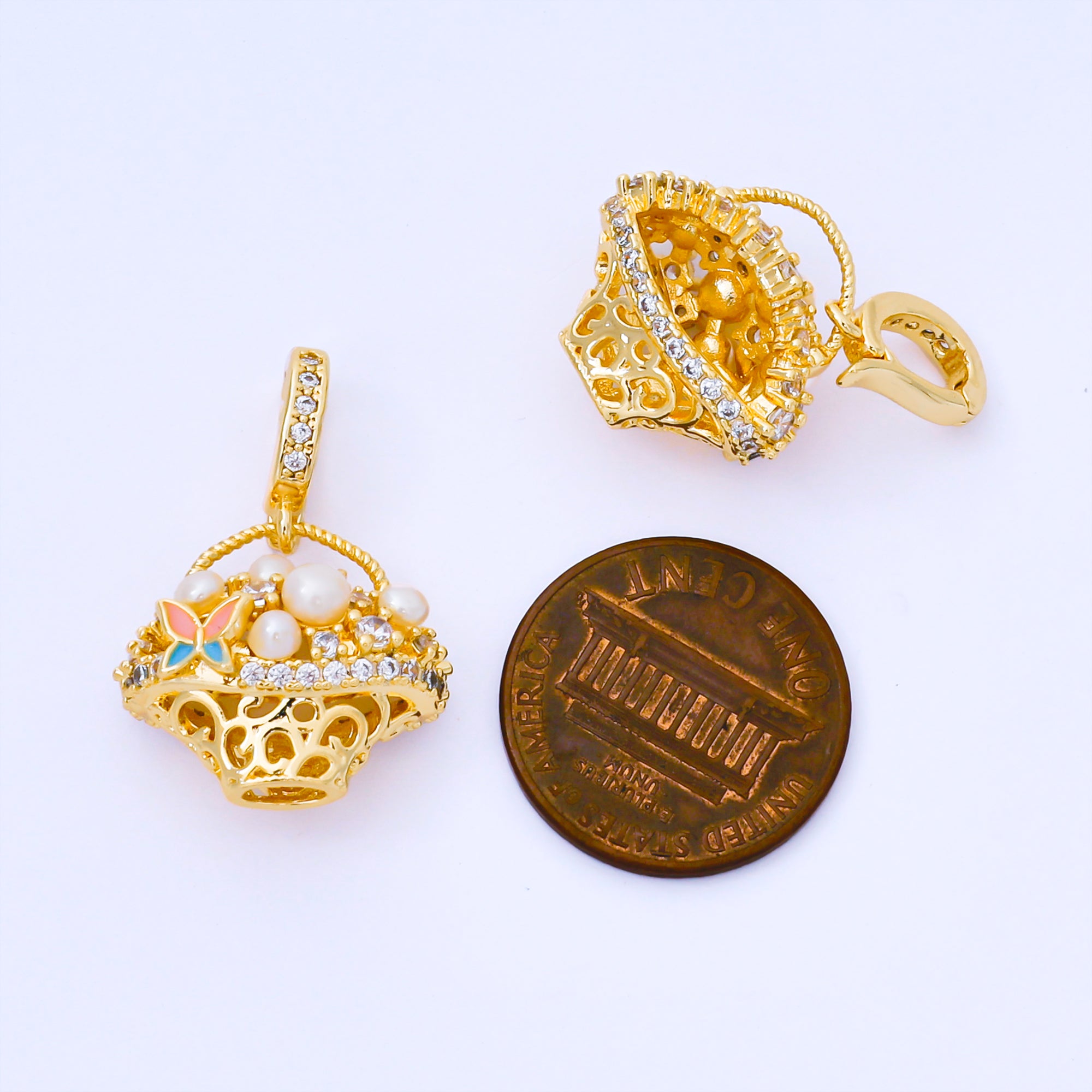 24K Gold Filled 16mm Micro Paved CZ Shell Pearl Picnic Basket Pendant | AA1654