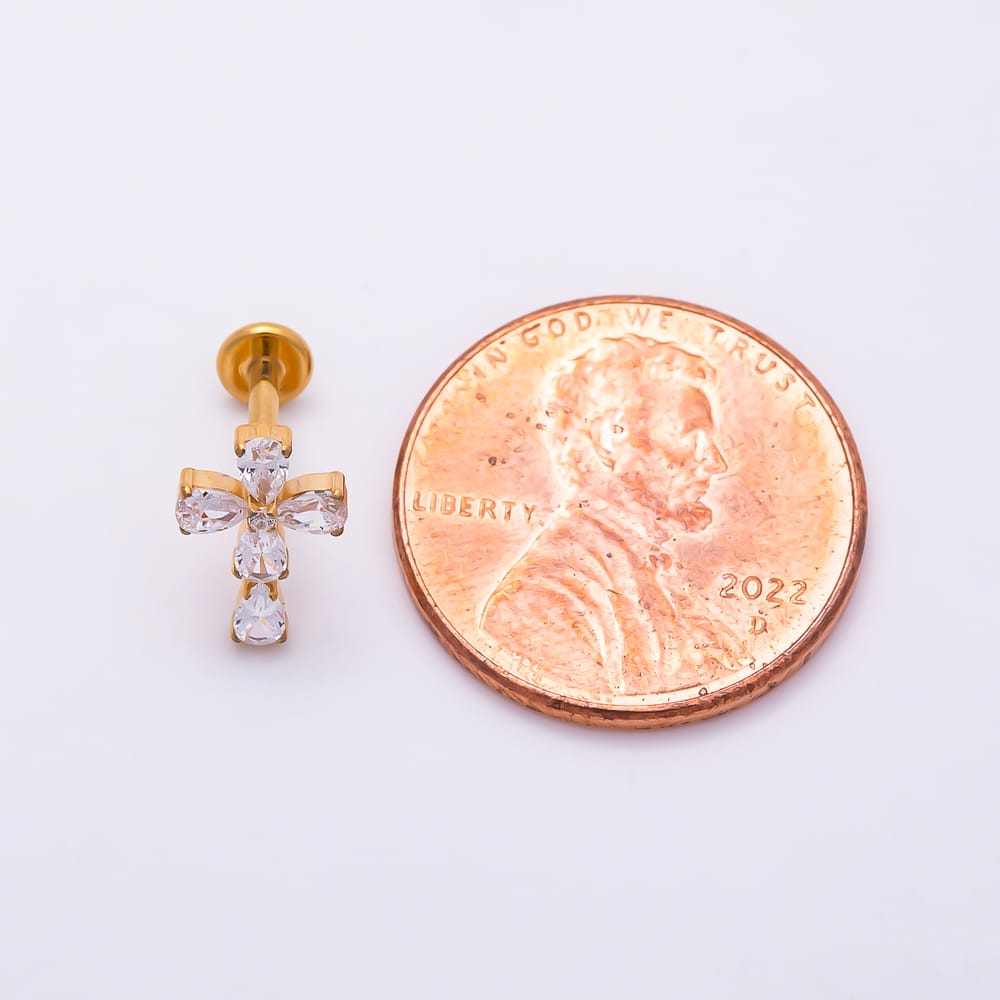 Titanium 6mm Clear CZ Teardrop Religious Cross Cartilage Piercing Flat Back Stud | BJ-00283