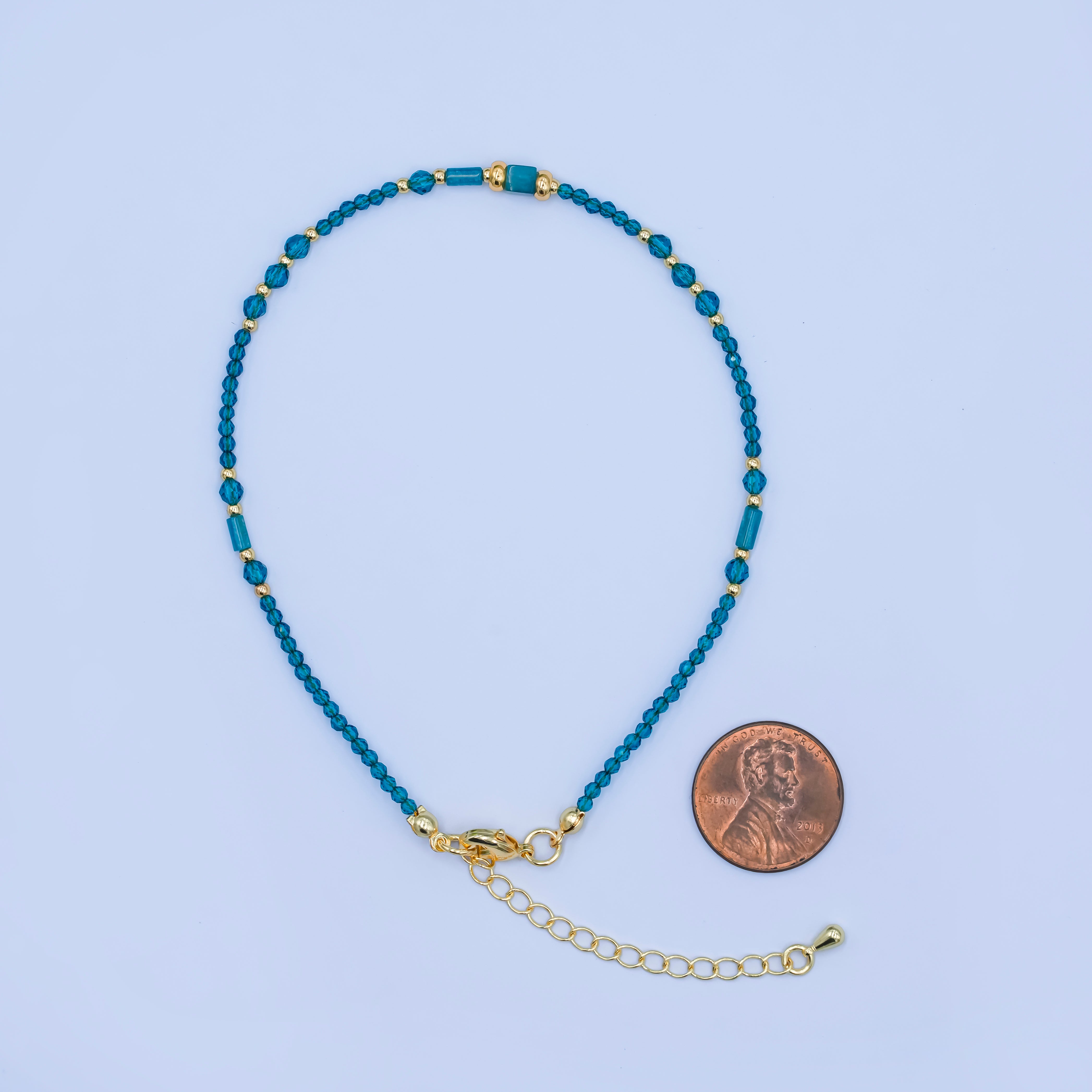 24K Gold Filled 2mm Blue Multifaceted Gemstone 9 Inch Anklet | WA-2947