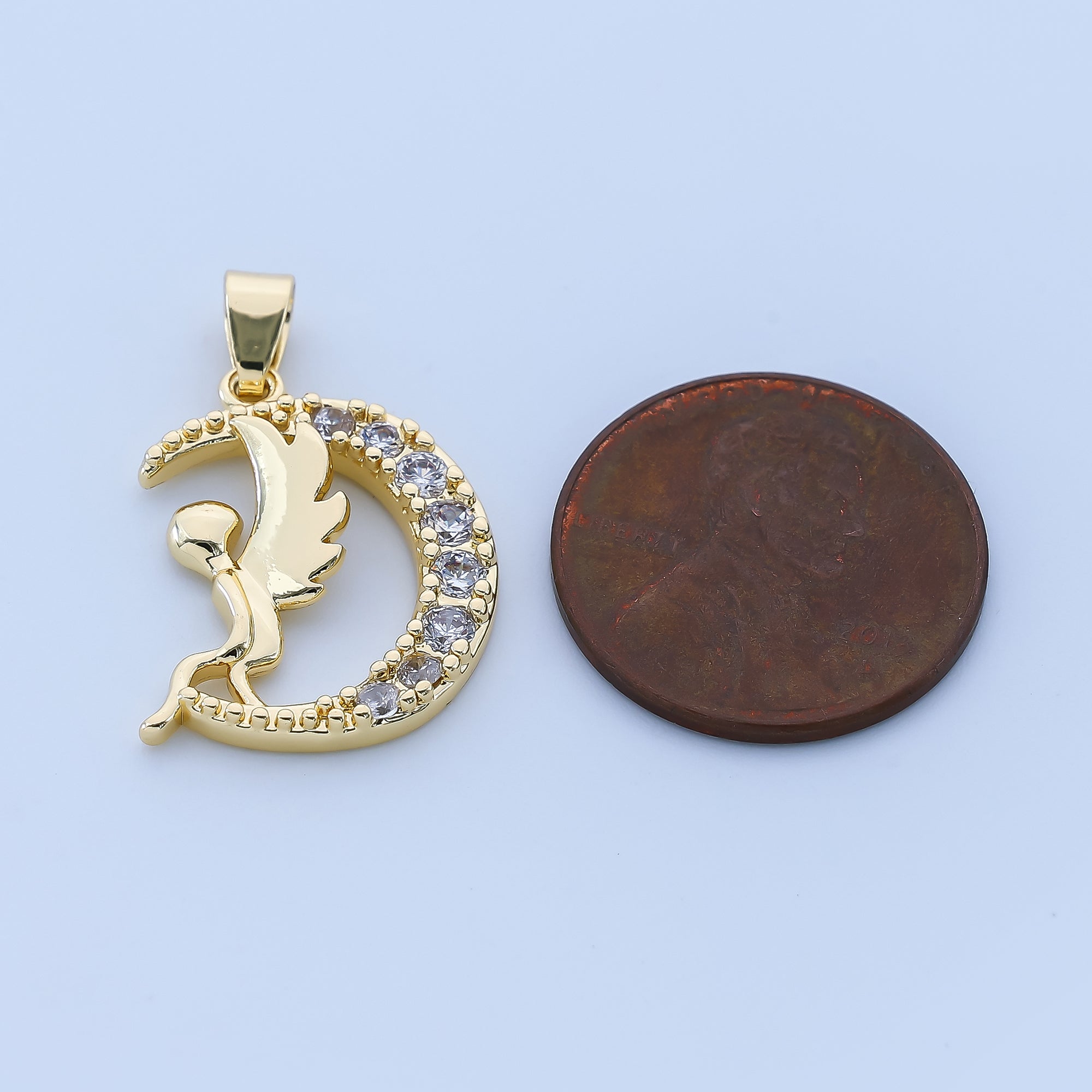 24K Gold Filled 20mm Micro Paved CZ Crescent Angel Moon Pendant | AH-519
