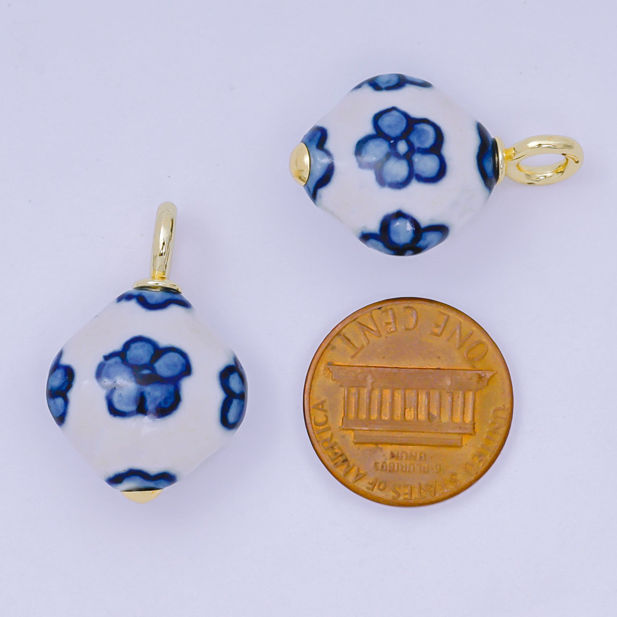 24K Gold Filled Blue-White Flower Geometric Porcelain Ceramic Drop Charm | AF1282