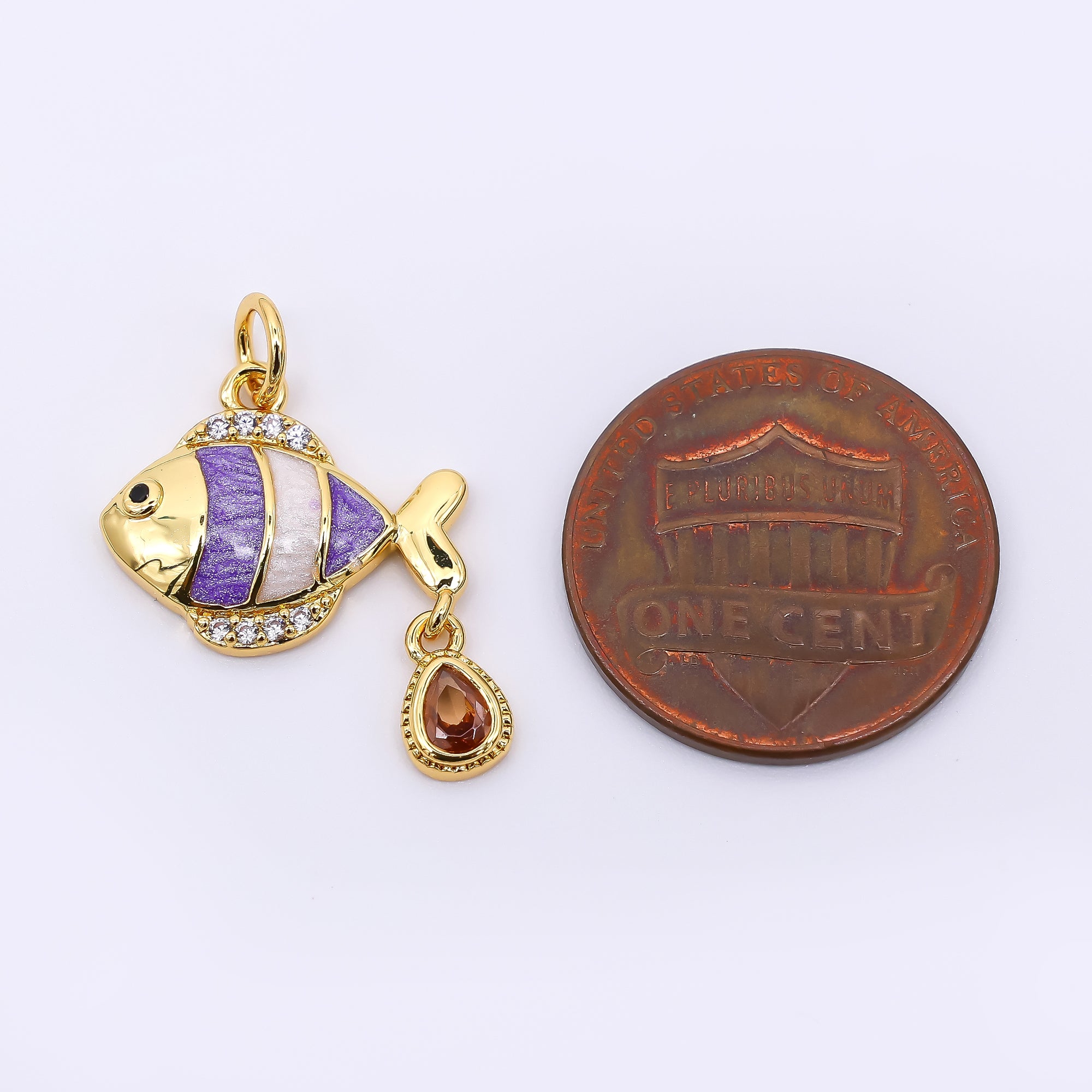 24K Gold Filled 13mm Micro Paved, Brown Teardrop, & Purple CZ Ocean Tiny Sea Fish Drop Charm | AF-516