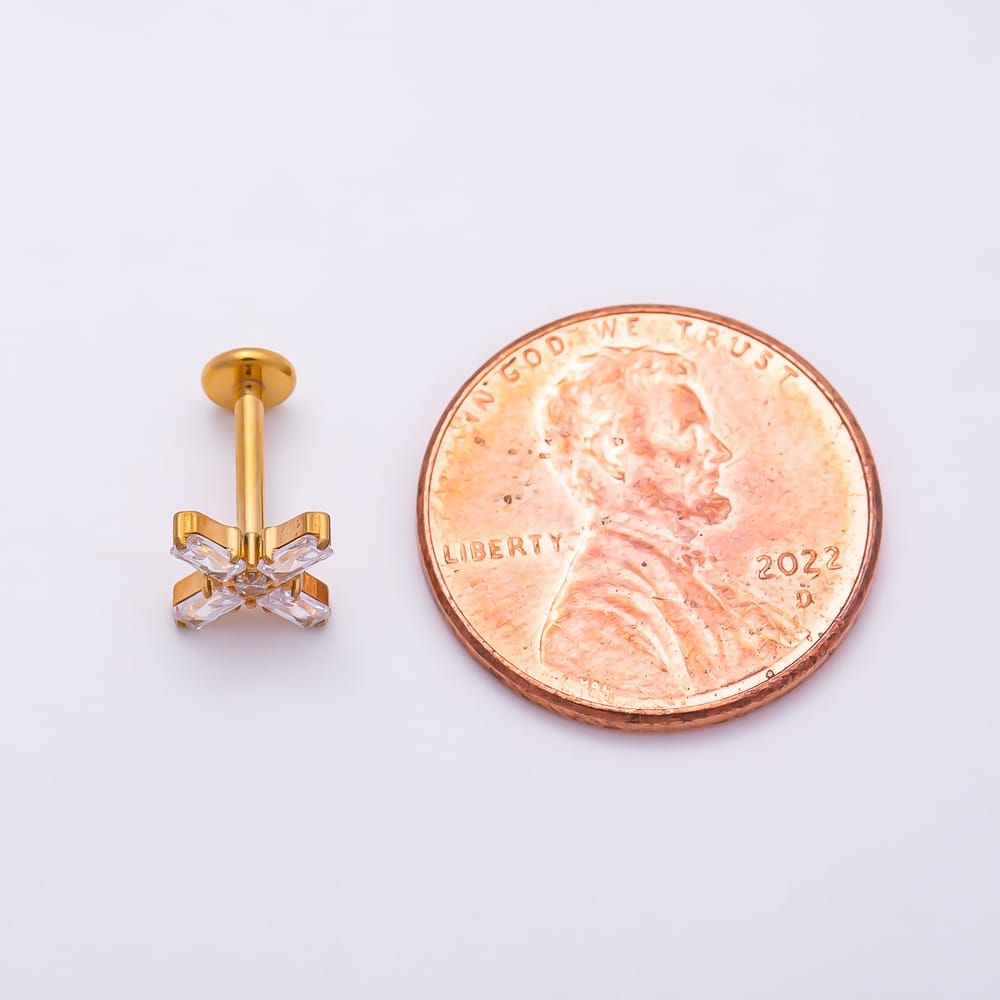 Titanium 9mm Baguette CZ Cross Cartilage Piercing Flat Back Stud in Gold & Silver | BJ-00269 BJ-00270