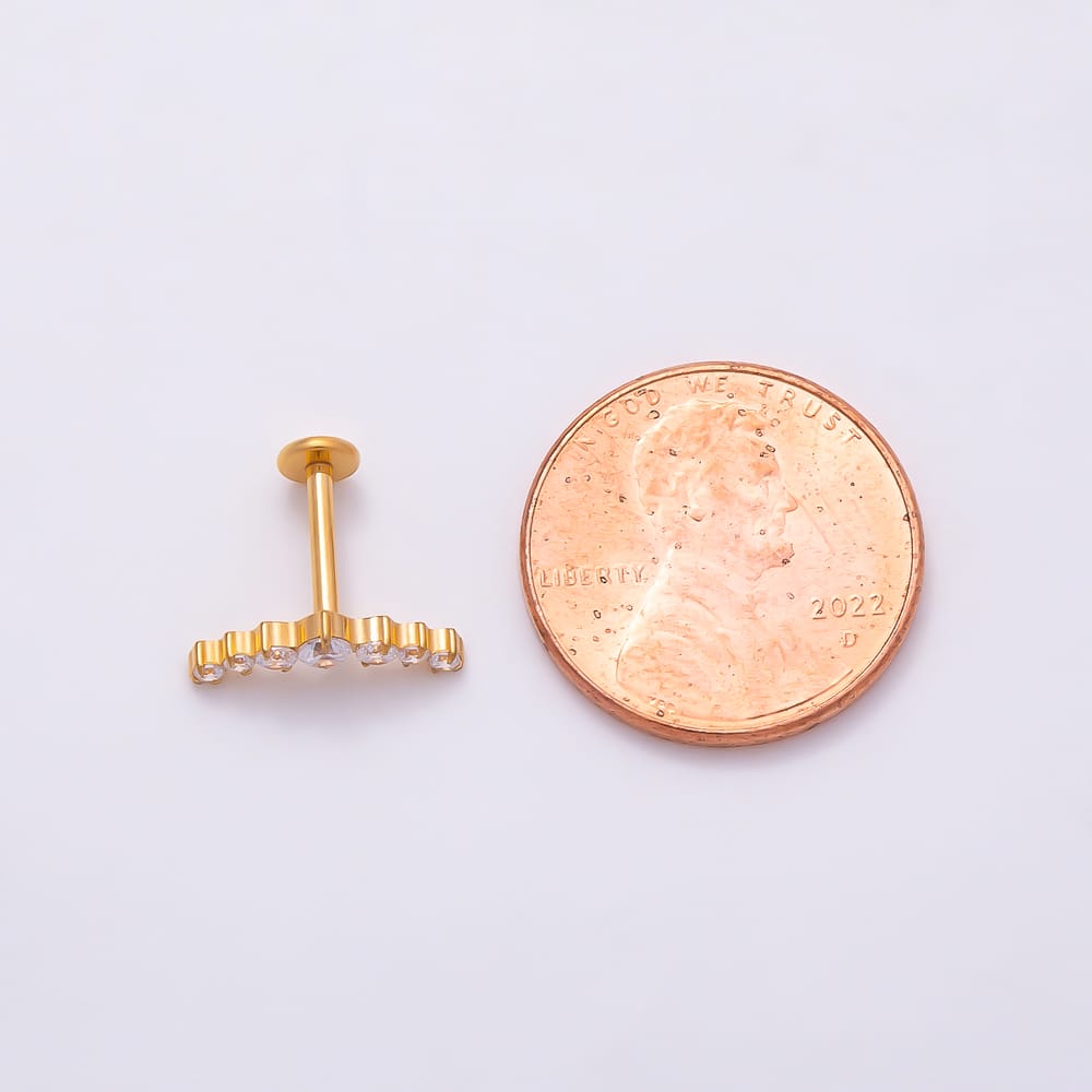 Titanium 13mm Clear Round CZ  Graduated Curved Cartilage Piercing Flat Back Stud in Gold & Silver | BJ-00259 - BJ-00260