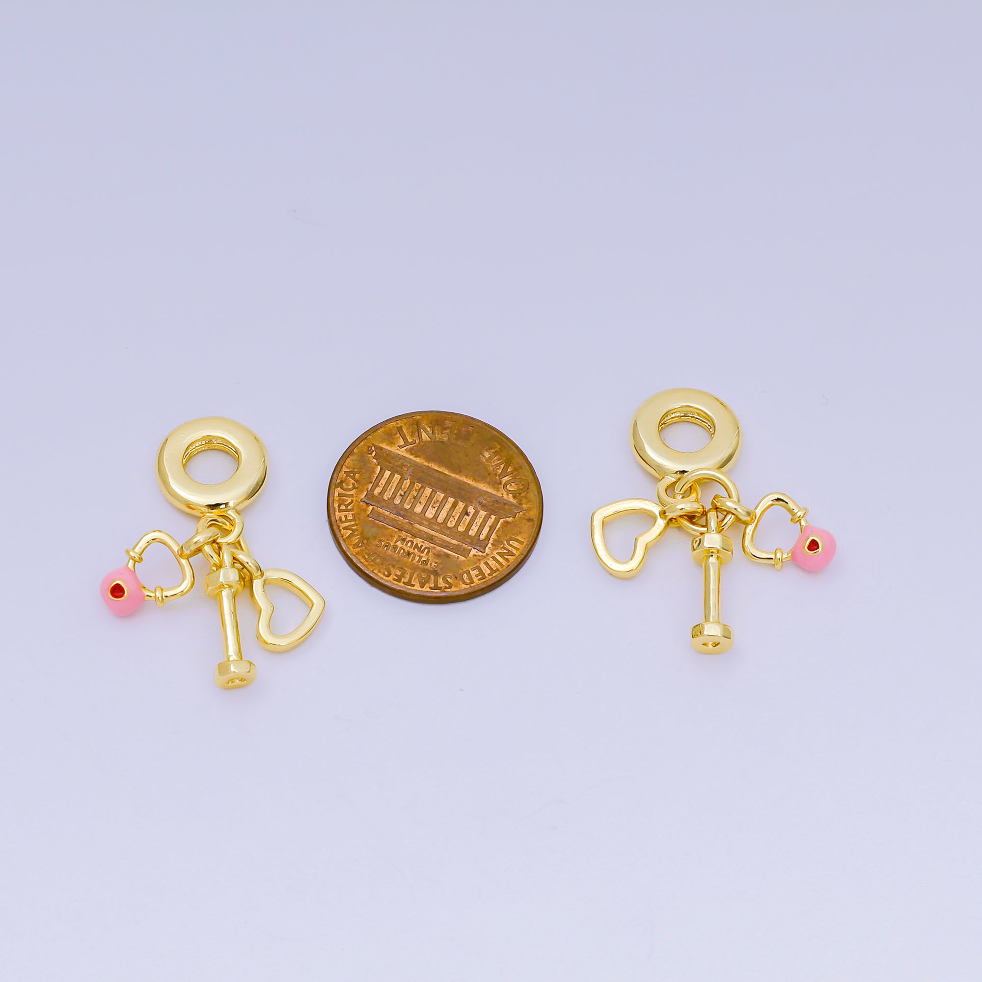24K Gold Filled 11.5mm Red CZ Enamel Art Gym Set Charm in Heart, Barbell, & Dumbell Rhondelle Drop Pendant | M-099