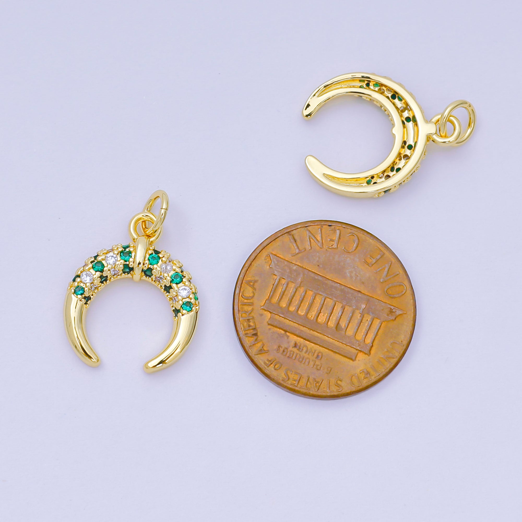 24K Gold Filled 15mm Green & Clear Micro Paved CZ Crescent Celestial Moon Charm | AH-682
