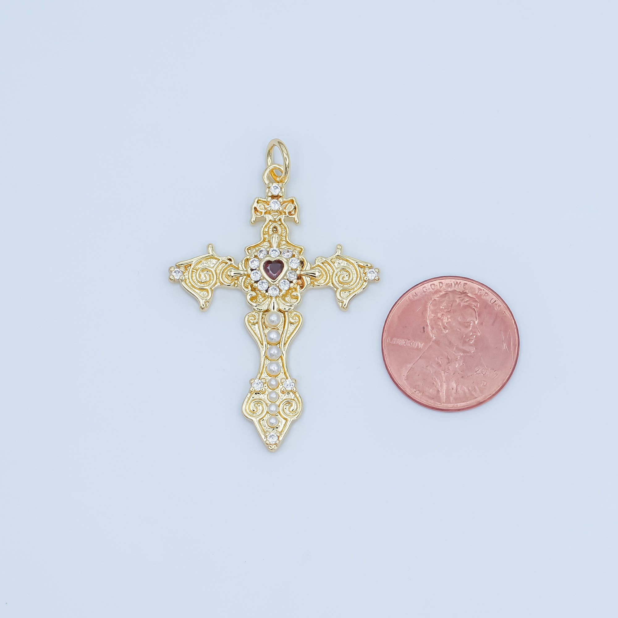 24K Gold Filled Red CZ Heart Shell Pearl Passion Cross Charm | N032