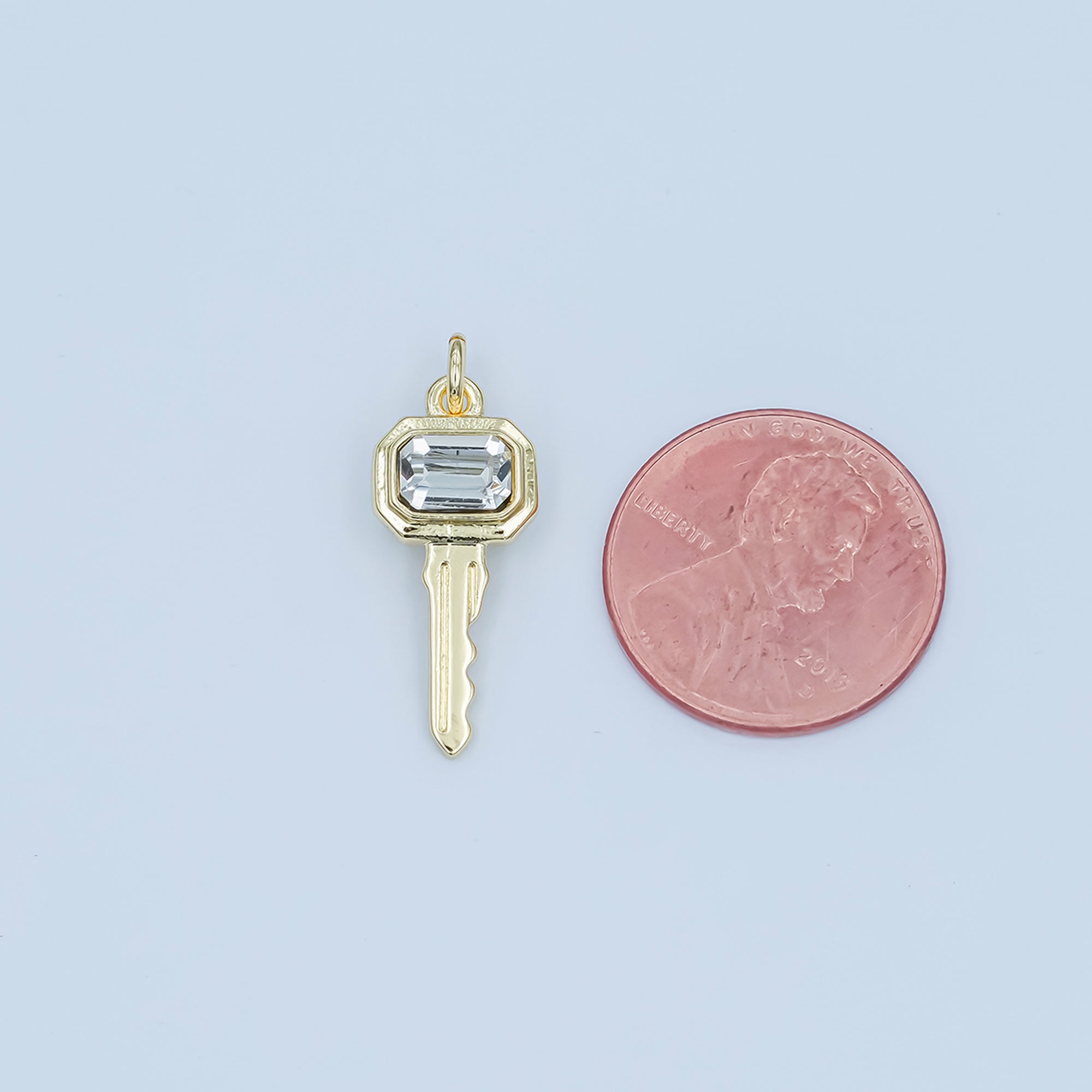 24K Gold Filled Clear CZ Baguette Vintage Key Charm | N031