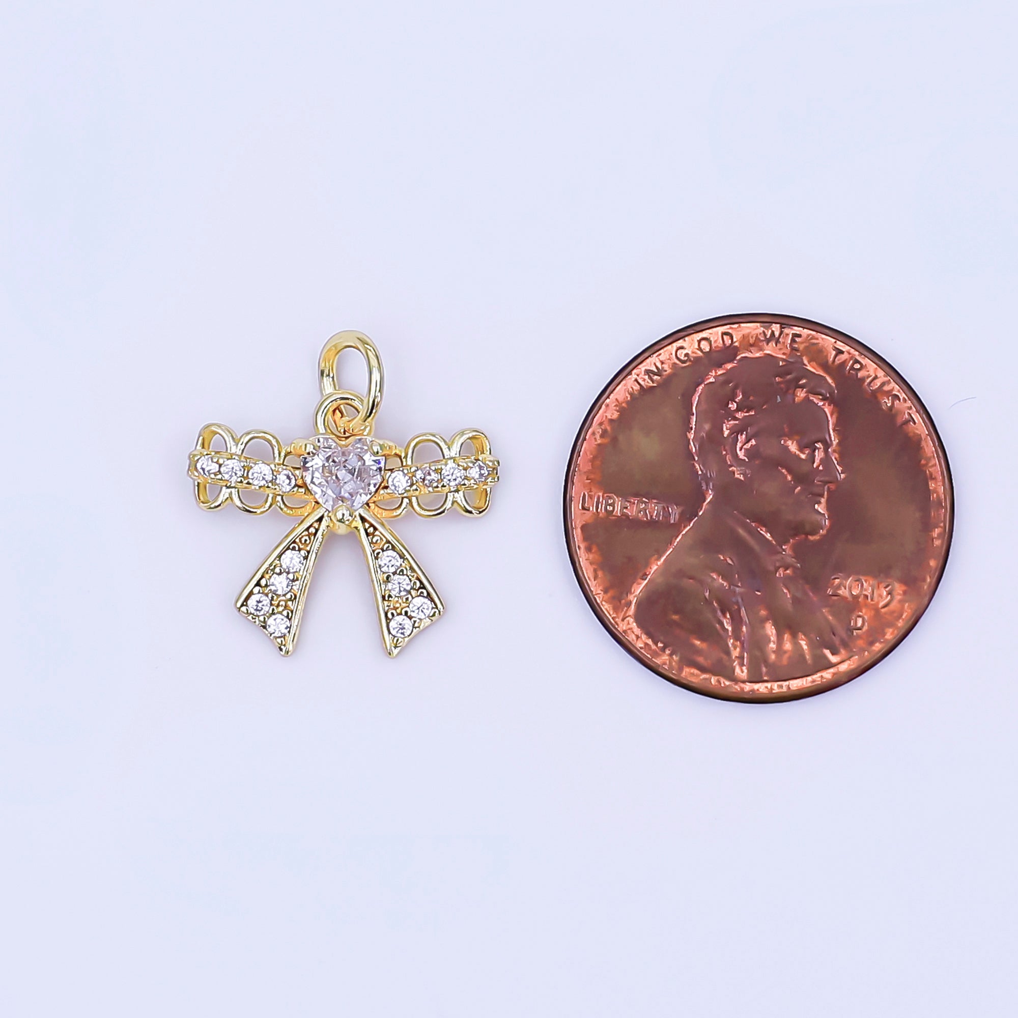 24K Gold Filled Heart CZ Micro Paved Bow Ribbon Charm | AJ297