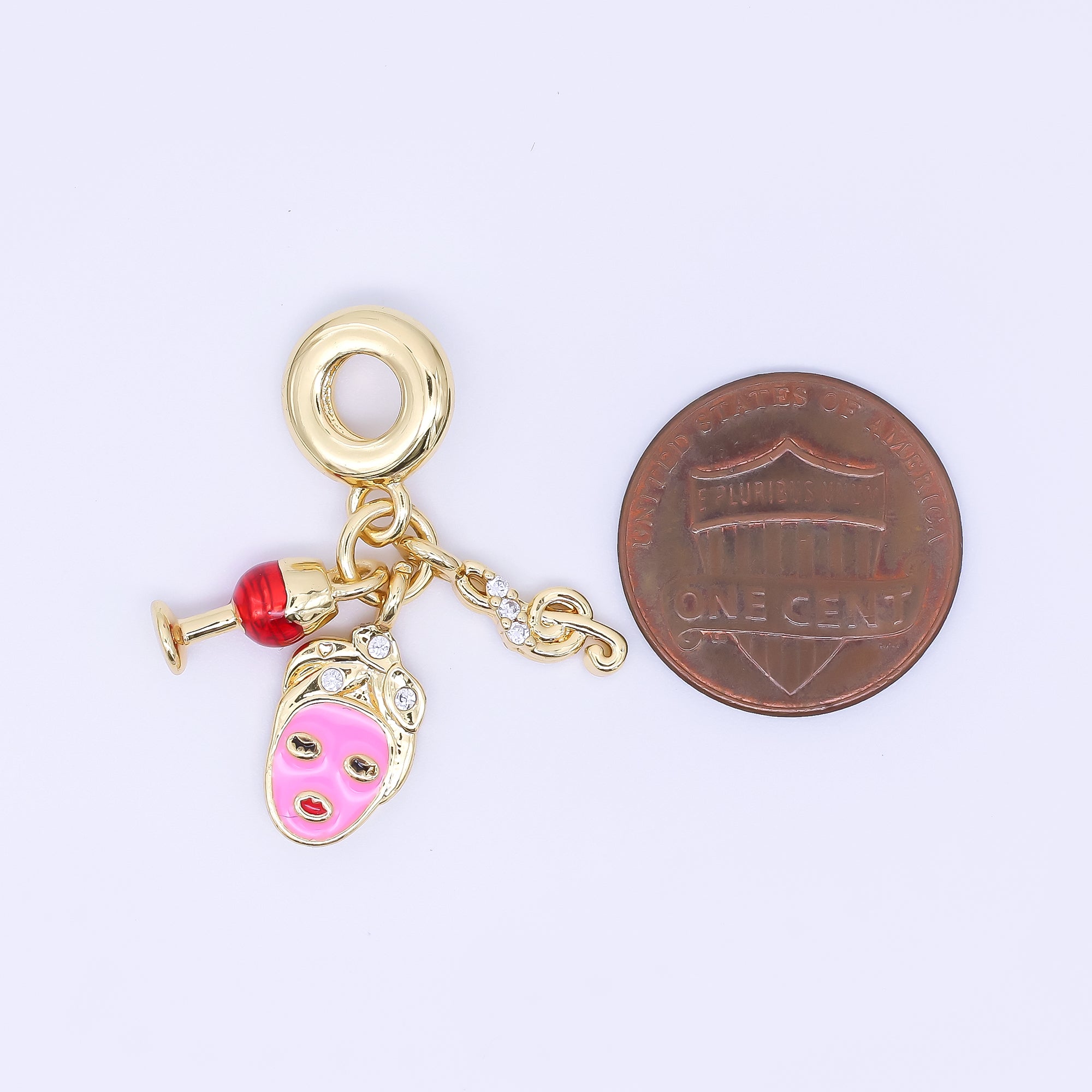 24K Gold Filled Self Care Face Masks Wine Music Micro Paved CZ Drop Rondelle Charm | AC1618