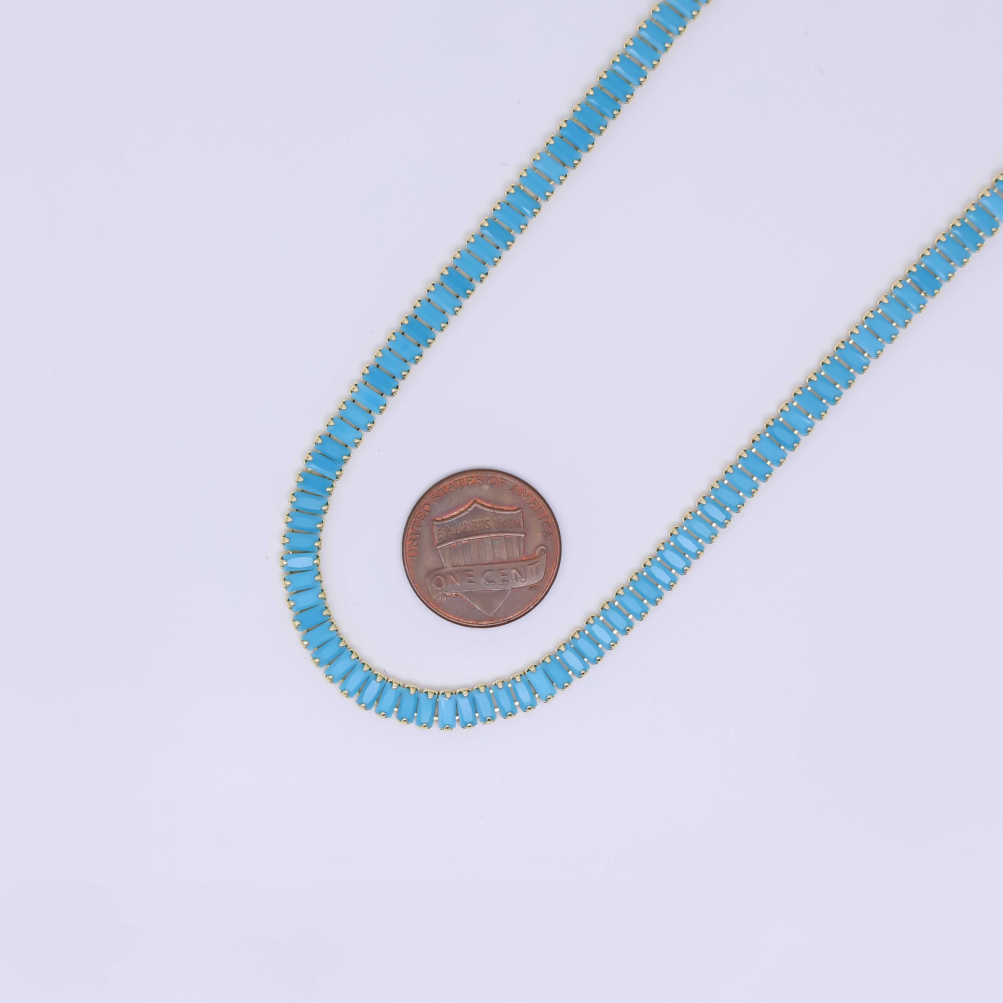 24K Gold Filled 5mm Blue Turquoise Baguette 16 Inch Tennis Chain Necklace | WA-2323