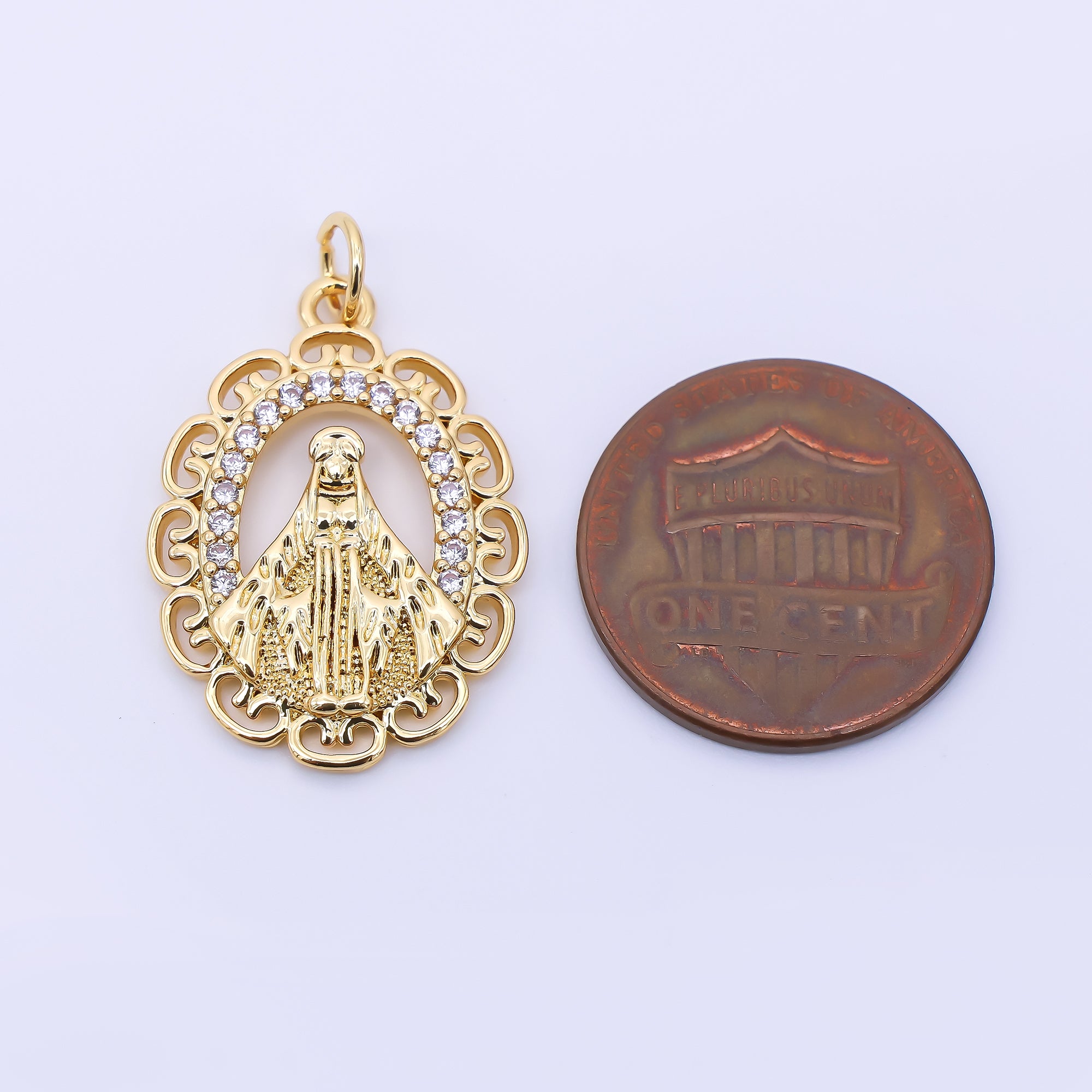 24K Gold Filled 24mm Micro Paved CZ Bless Mother Virgin Mary Religious Medallion Charm | AC1607