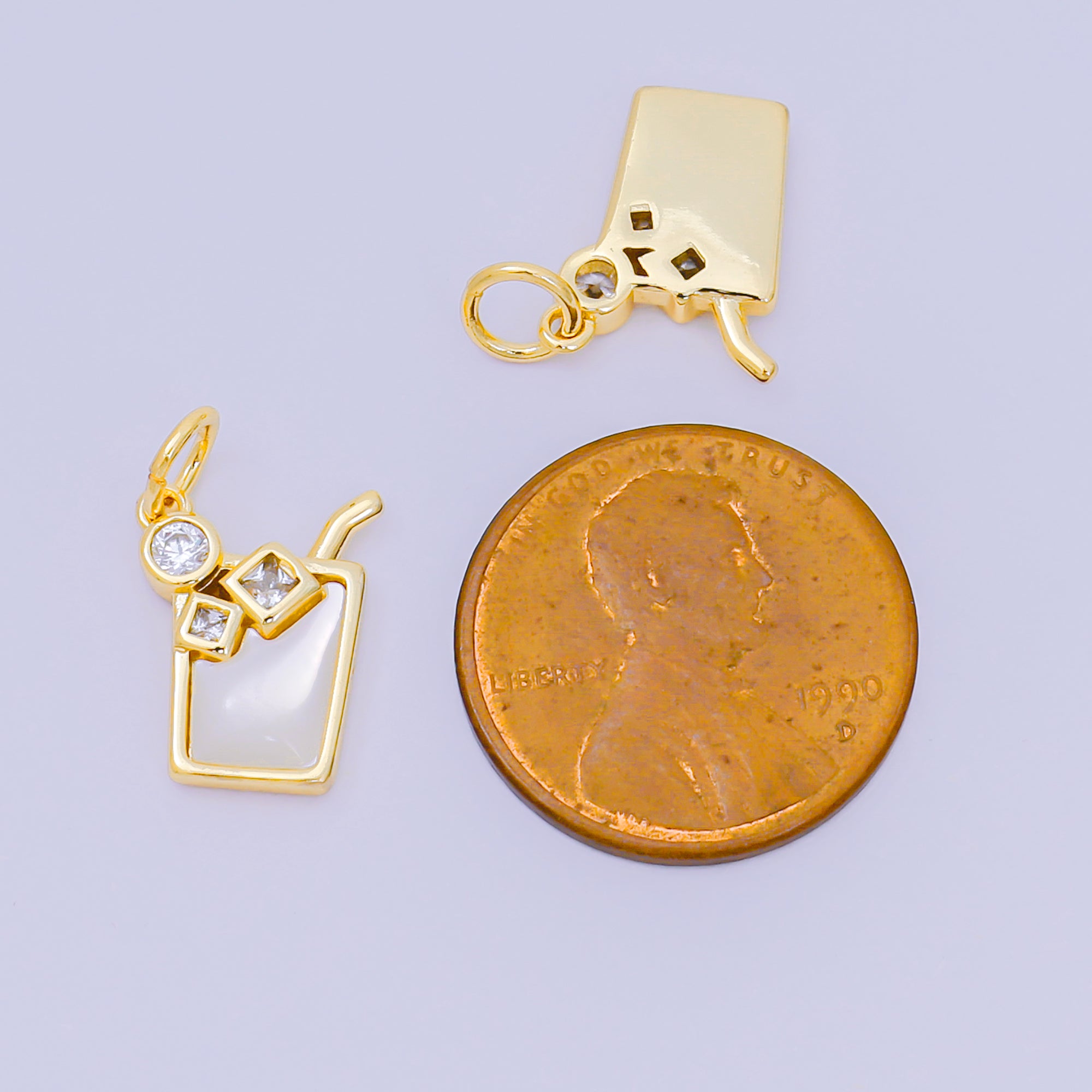24K Gold Filled 13mm Round & Square CZ Mother of Pearl Summer Ice Drink Charm | M-214