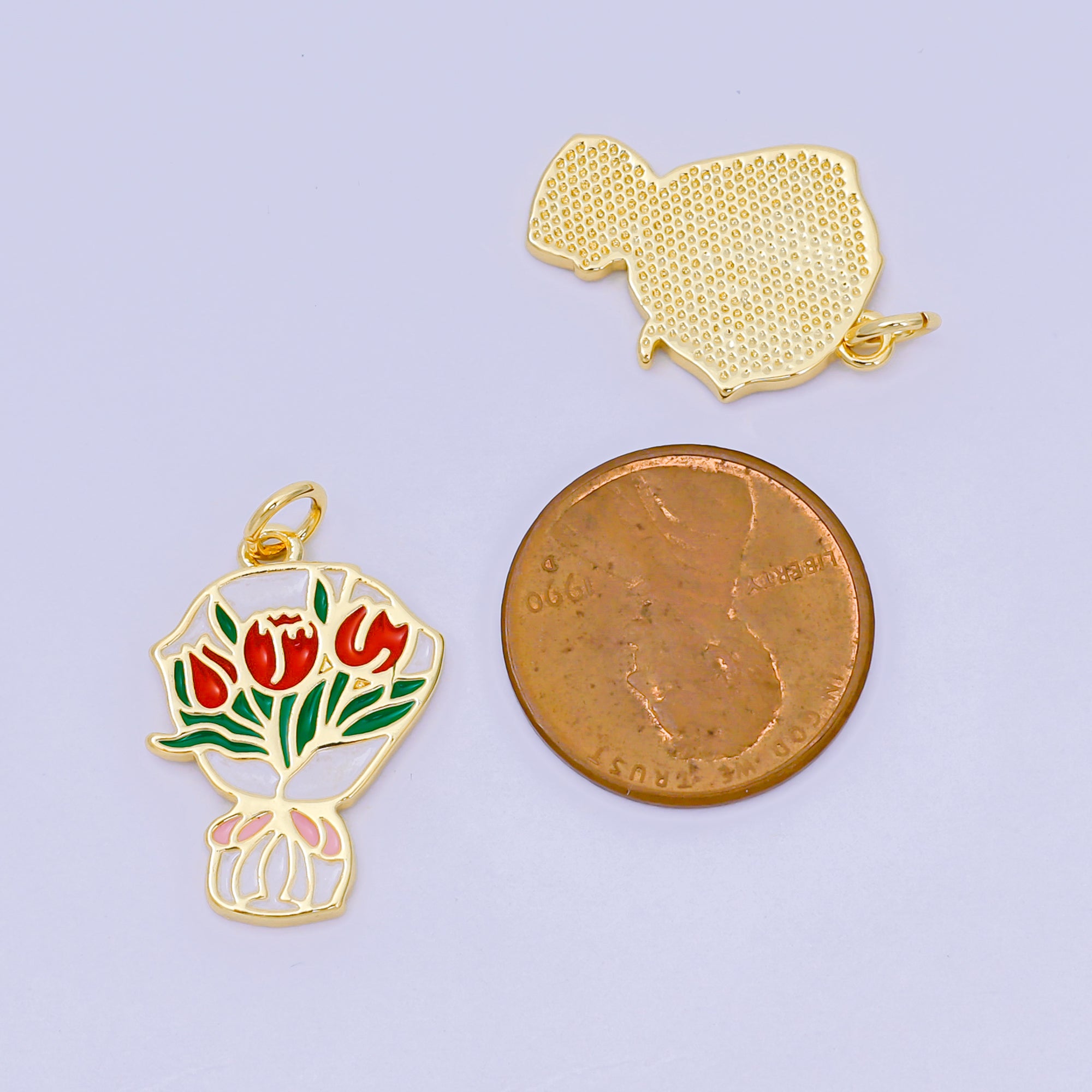 24K Gold Filled 10.5mm Enamel Art Bouquet of Roses Flower Charm | AH-642