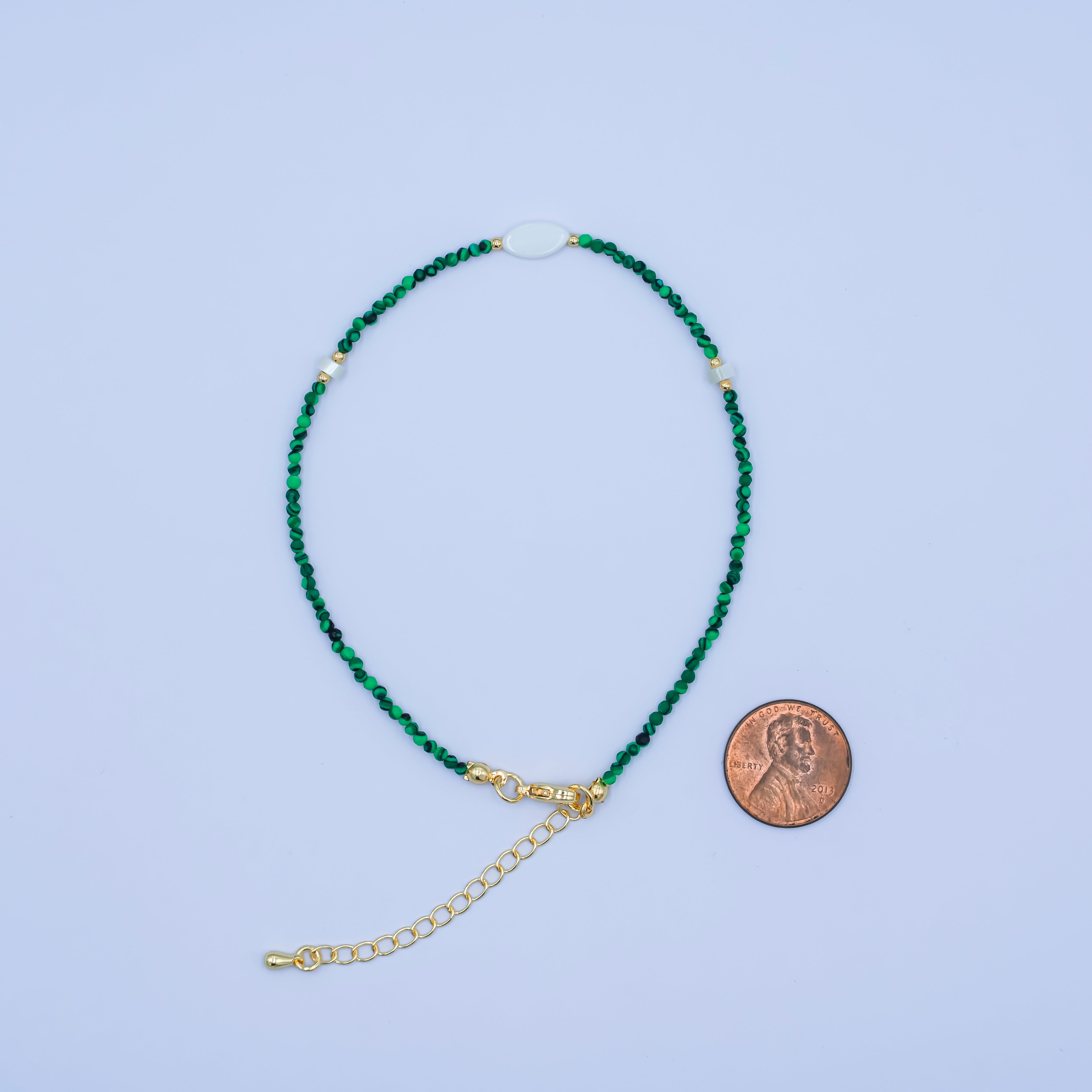 24K Gold Filled 2mm Shell Pearl Malachite Multifaceted Gemstone 9 Inch Anklet | WA-2946