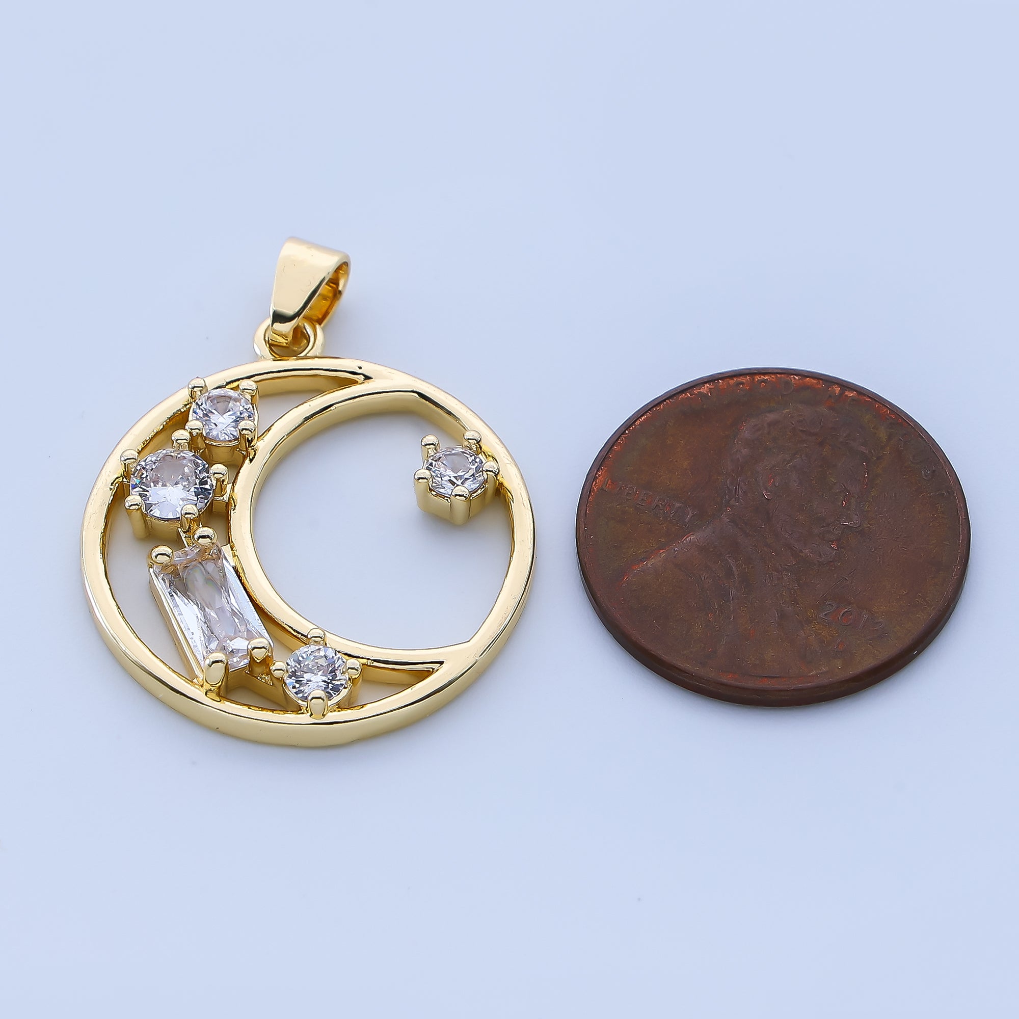 24K Gold Filled 25mm Baguette CZ Crescent Moon Pendant | AH-518