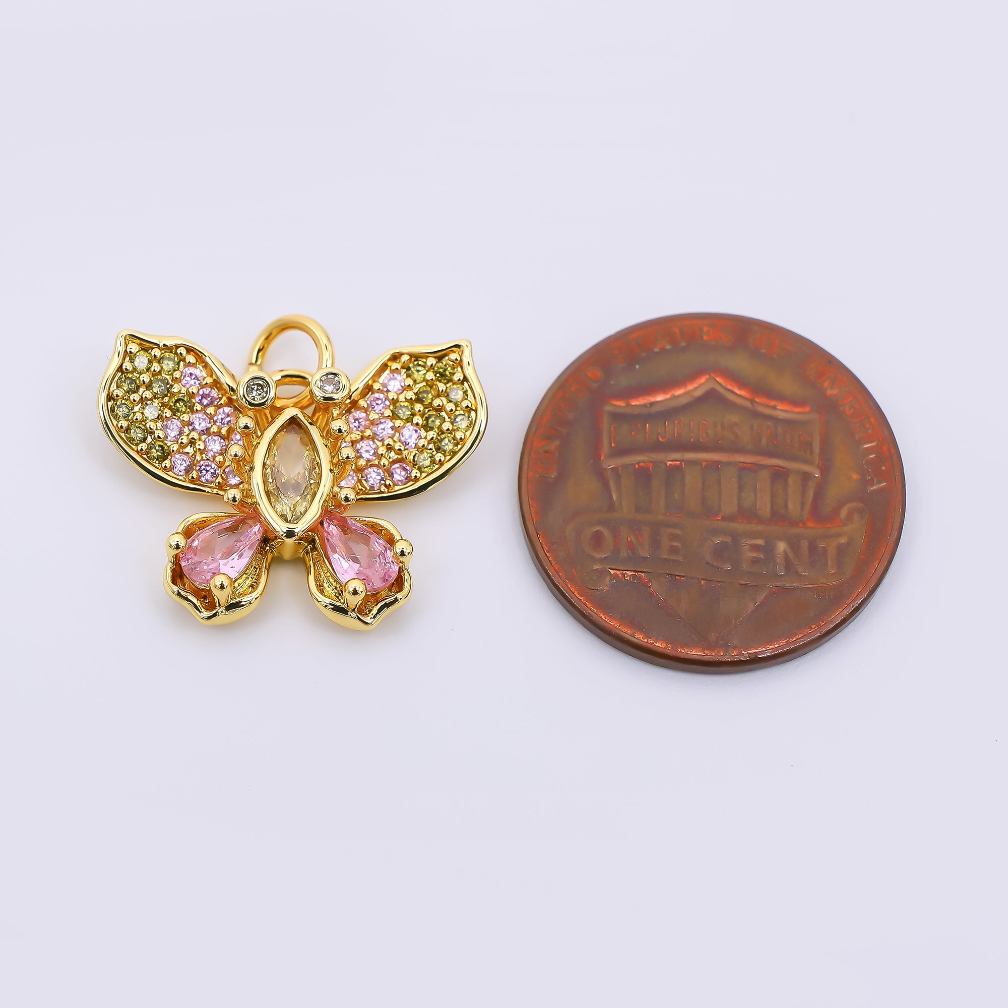24K Gold Filled 15mm Mixed-Cut Pink CZ Big Butterfly Wings Animal Charm | AF-517
