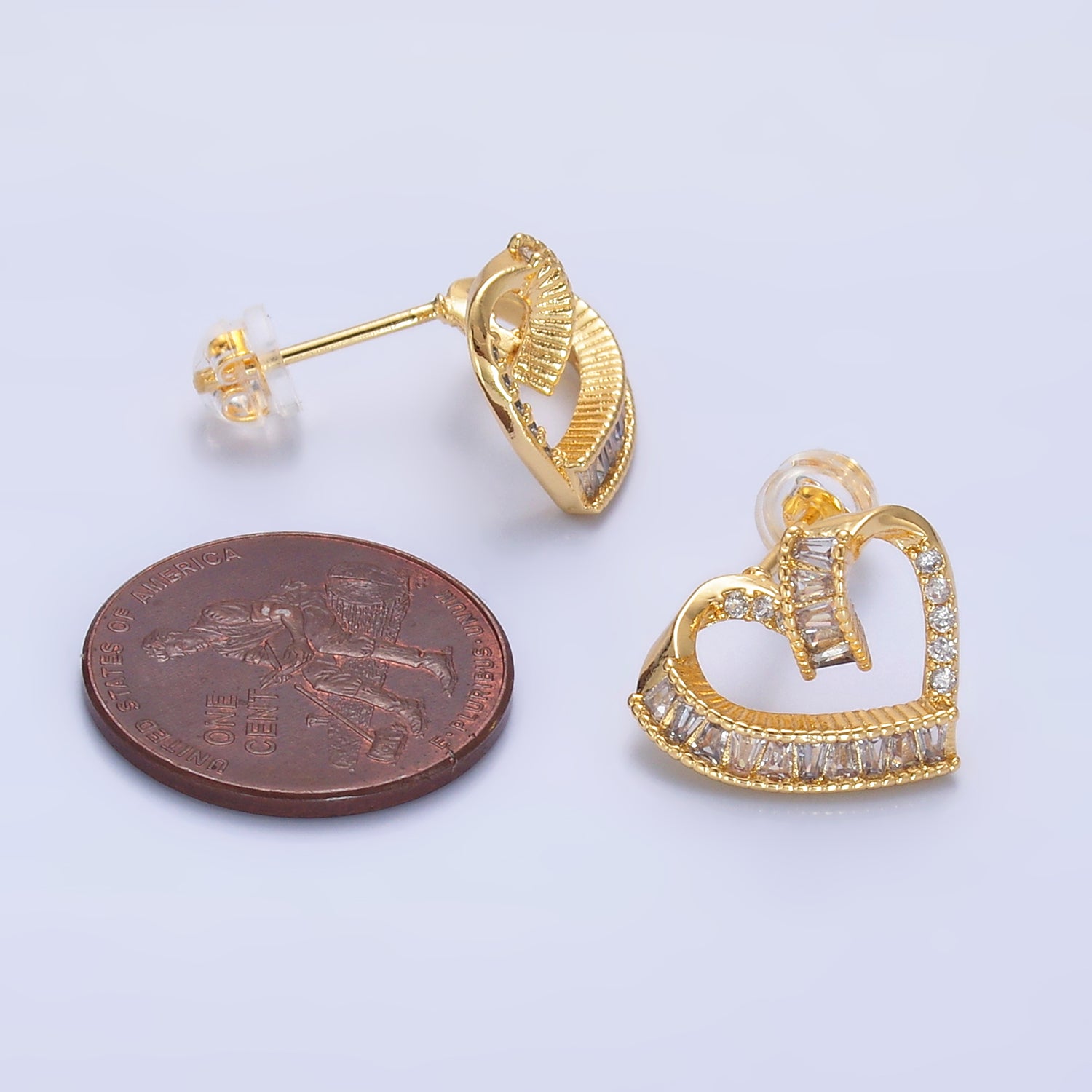 24K Gold Filled Baguette Micro Paved CZ Heart Stud Earrings Set | AB1021