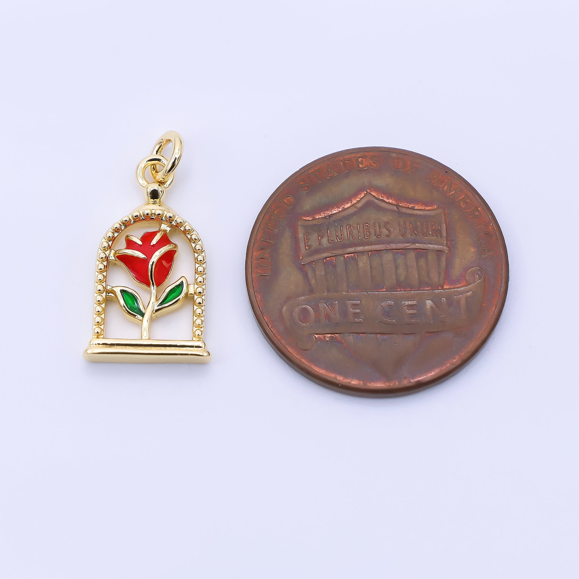 24K Gold Filled 16mm Hand-Painted Enamel Magical Enchanted Rose Flower Charm | AC1611
