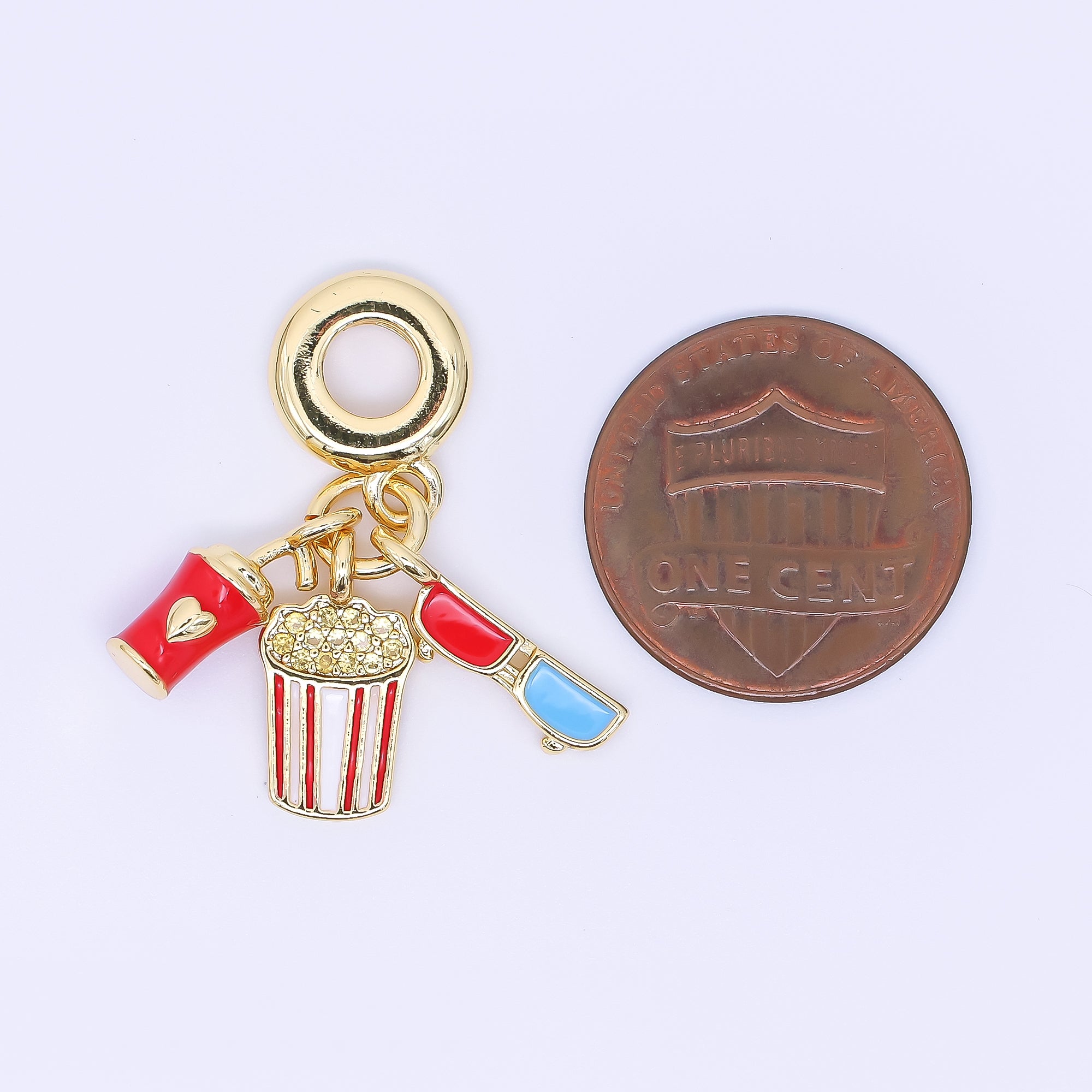 24K Gold Filled Movie Theatre Glasses Popcorn Soda Enamel Drop Rondelle Charm | AC1619