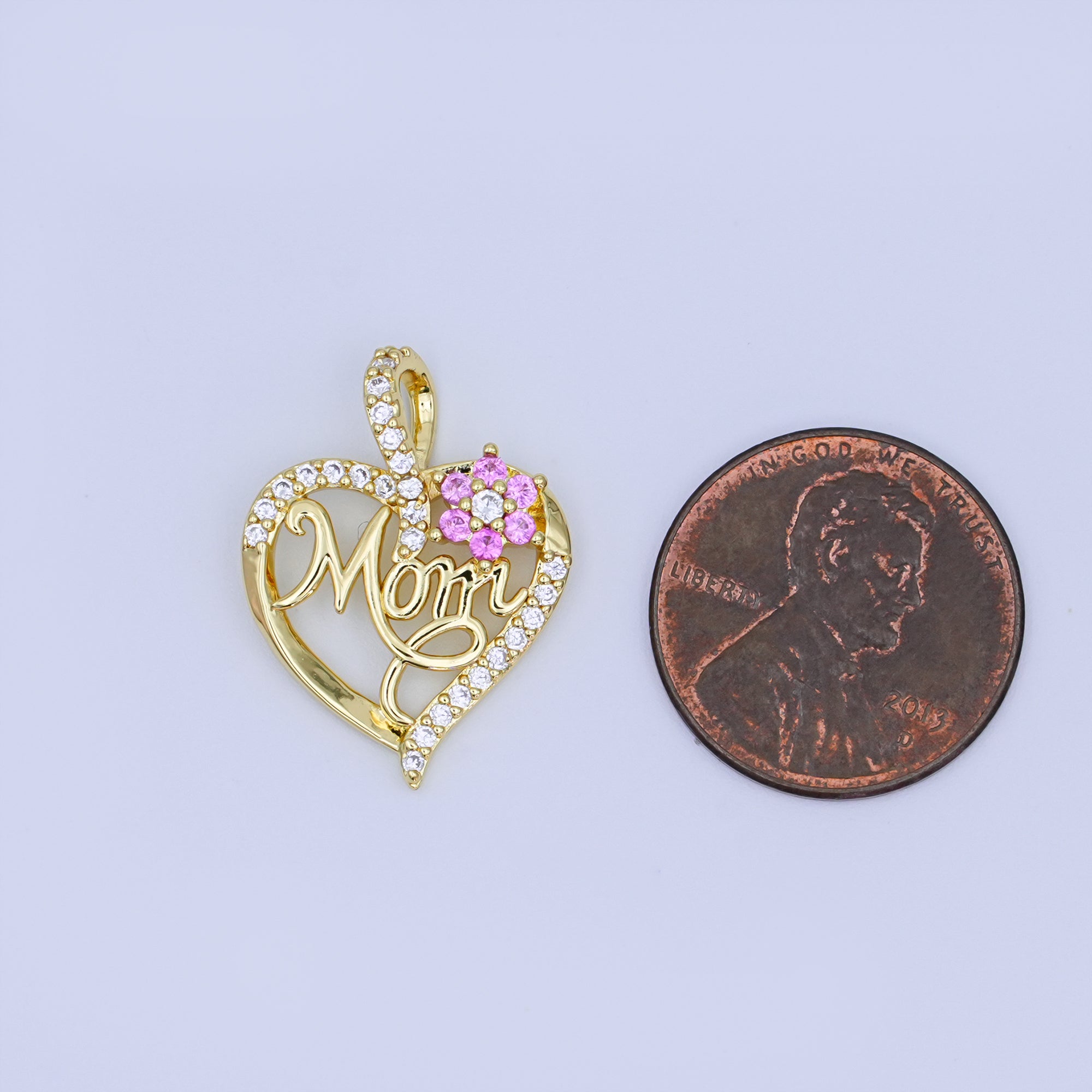 24K Gold Filled Micro Paved CZ "MOM" Cursive Flower Heart Open Pendant | AH430