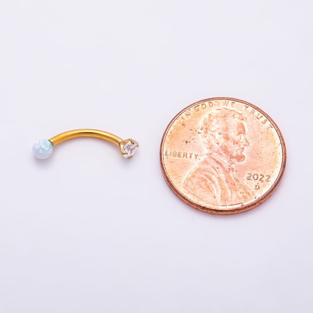 Titanium 3mm White Opal CZ Curved Eyebrow Barbell Piercing Stud in Gold & Silver | BJ-00295 BJ-00296