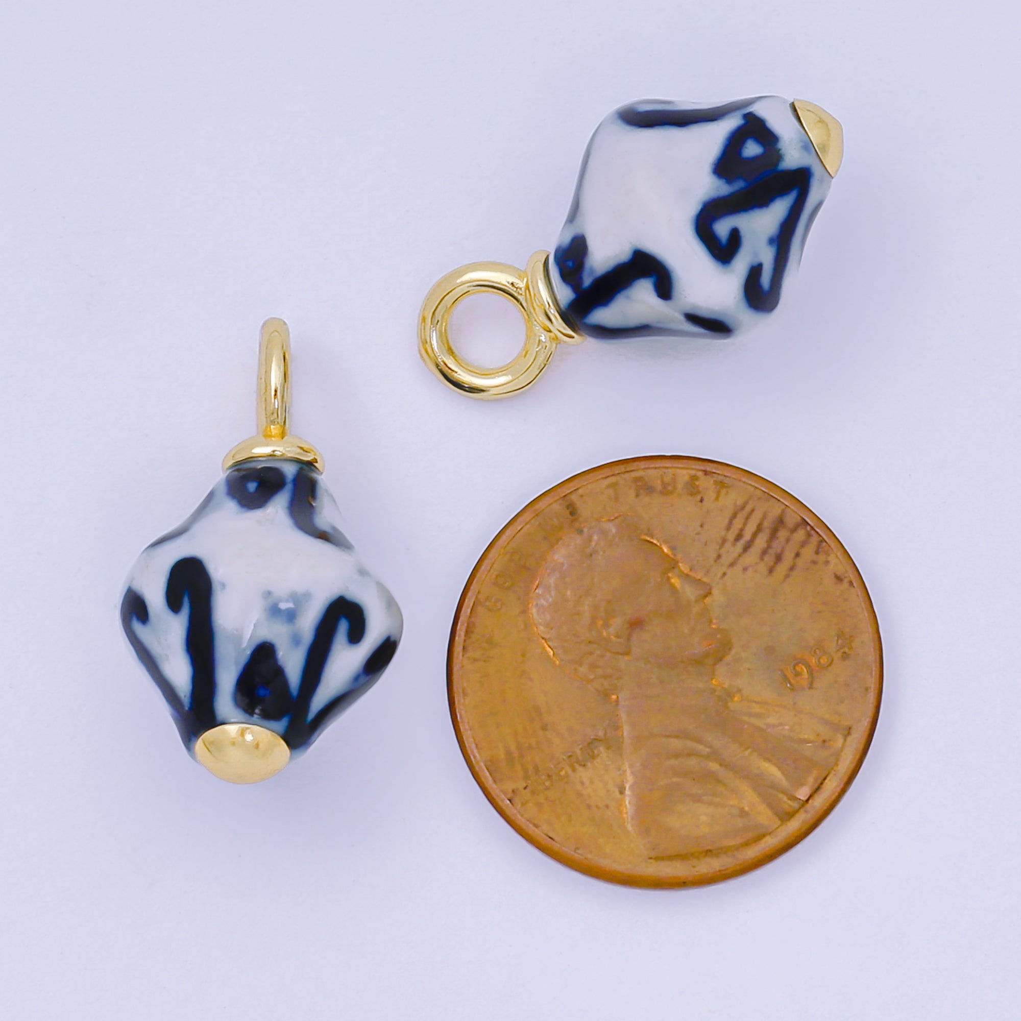 24K Gold Filled Blue Geometric Porcelain Cylinder Drop Charm | AF1283