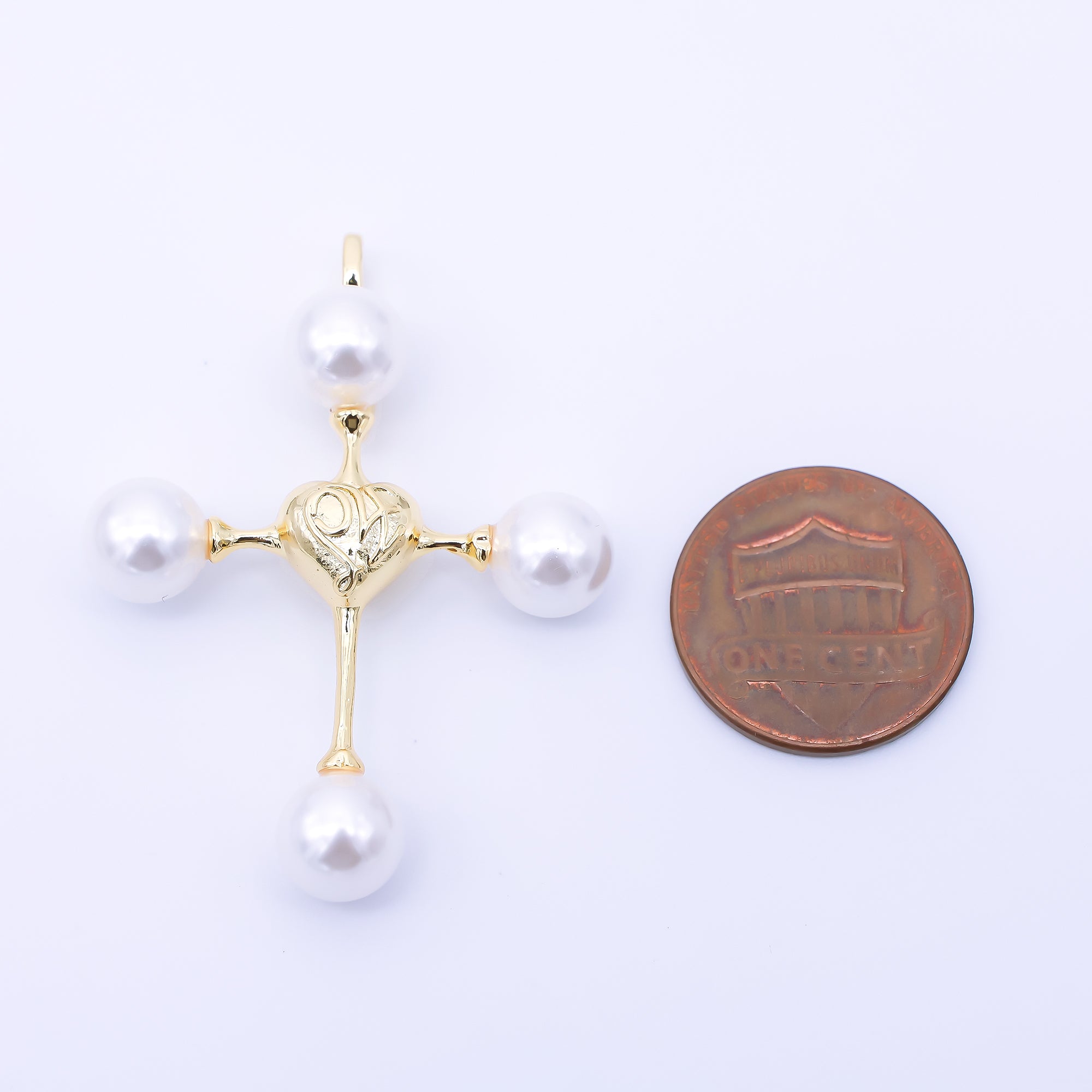 24K Gold Filled 44mm Shell Pearl Christian Cross Heart Pendant | AF570